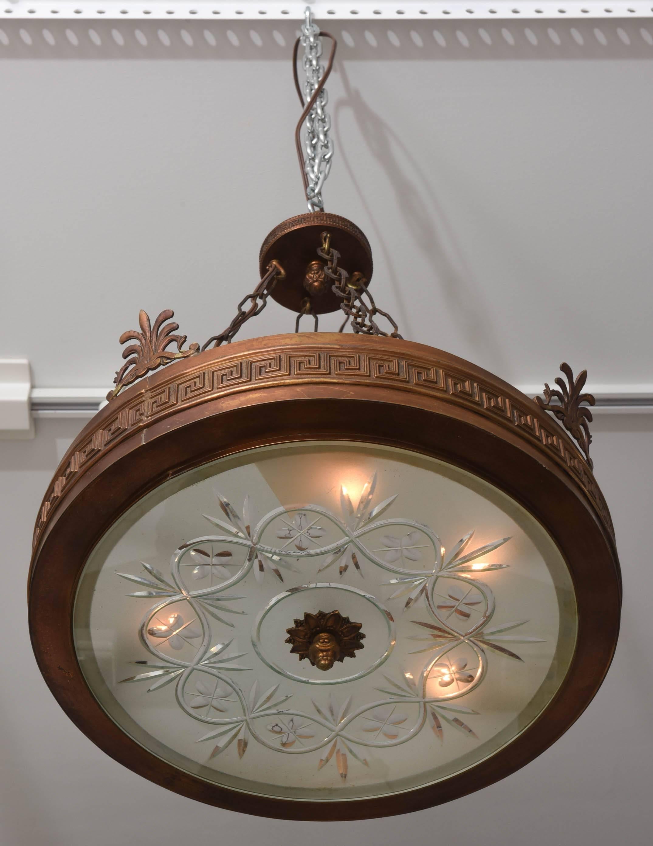 American Neoclassical, Art Deco Chandelier in Bronze, Frosted and Cut Glass