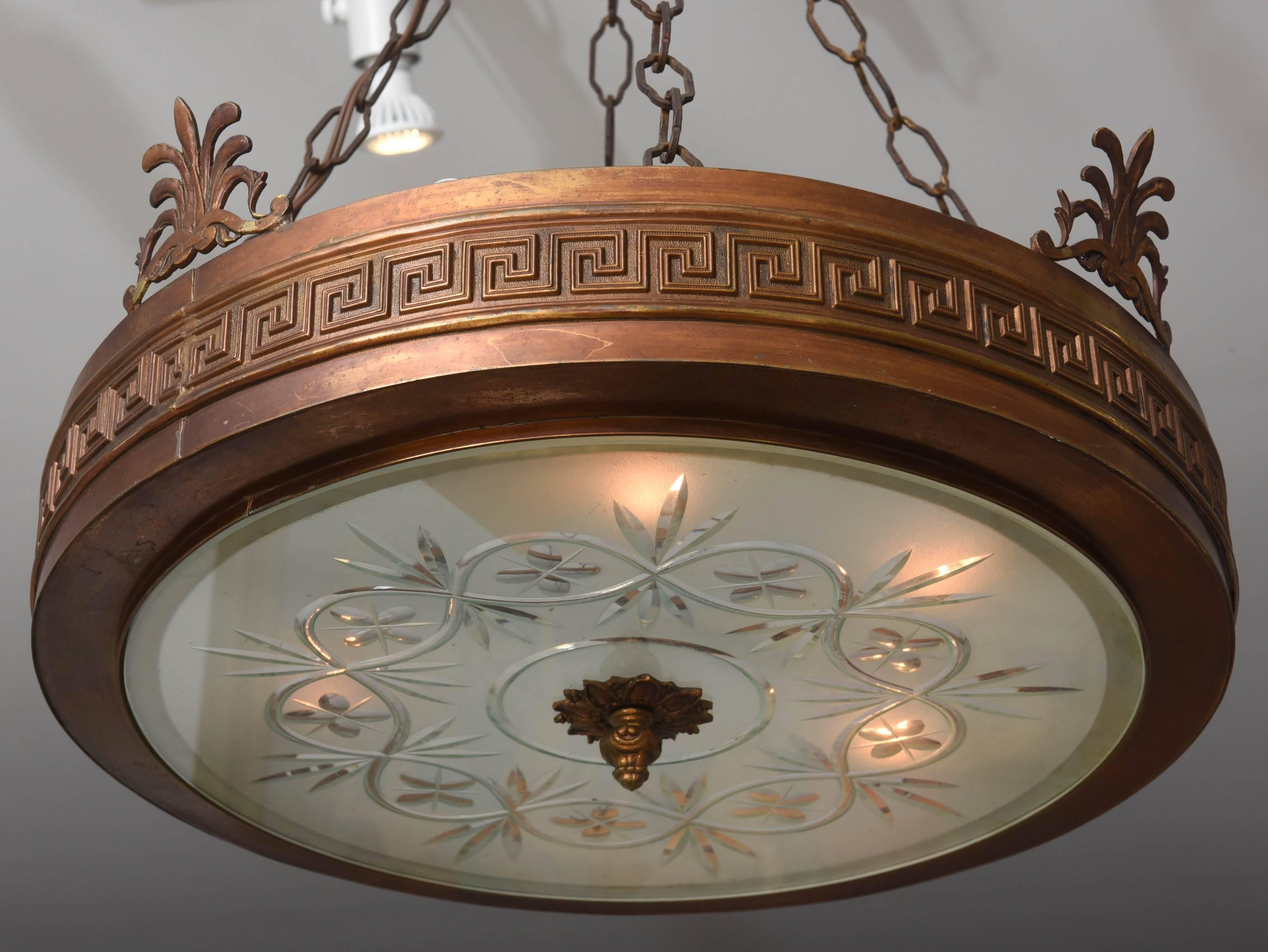 Neoclassical, Art Deco Chandelier in Bronze, Frosted and Cut Glass In Good Condition In West Palm Beach, FL