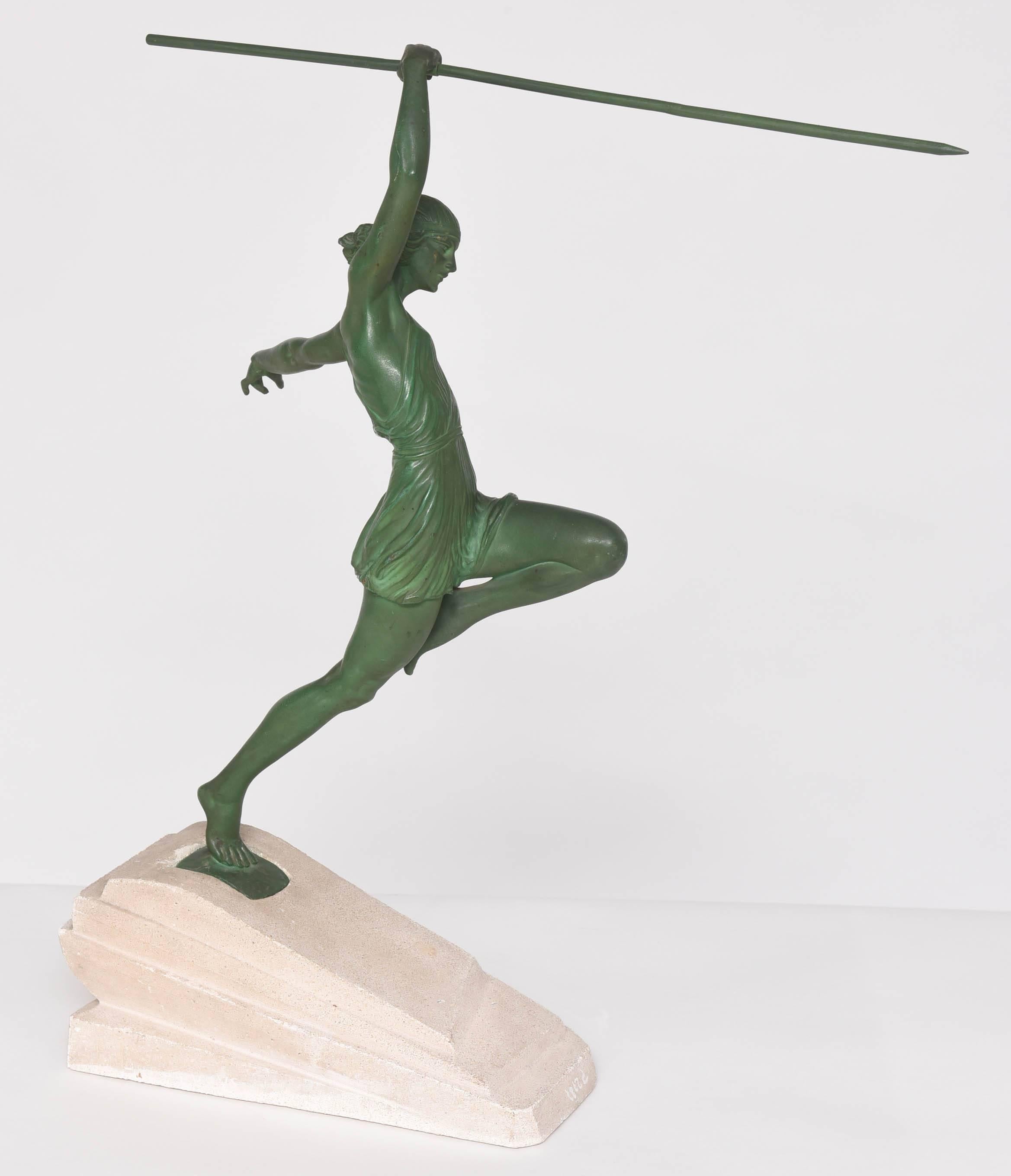 Bronze Art Deco Sculpture by Pierre Le Faguays a.k.a. Fayral, Amazonian Javelin Thrower