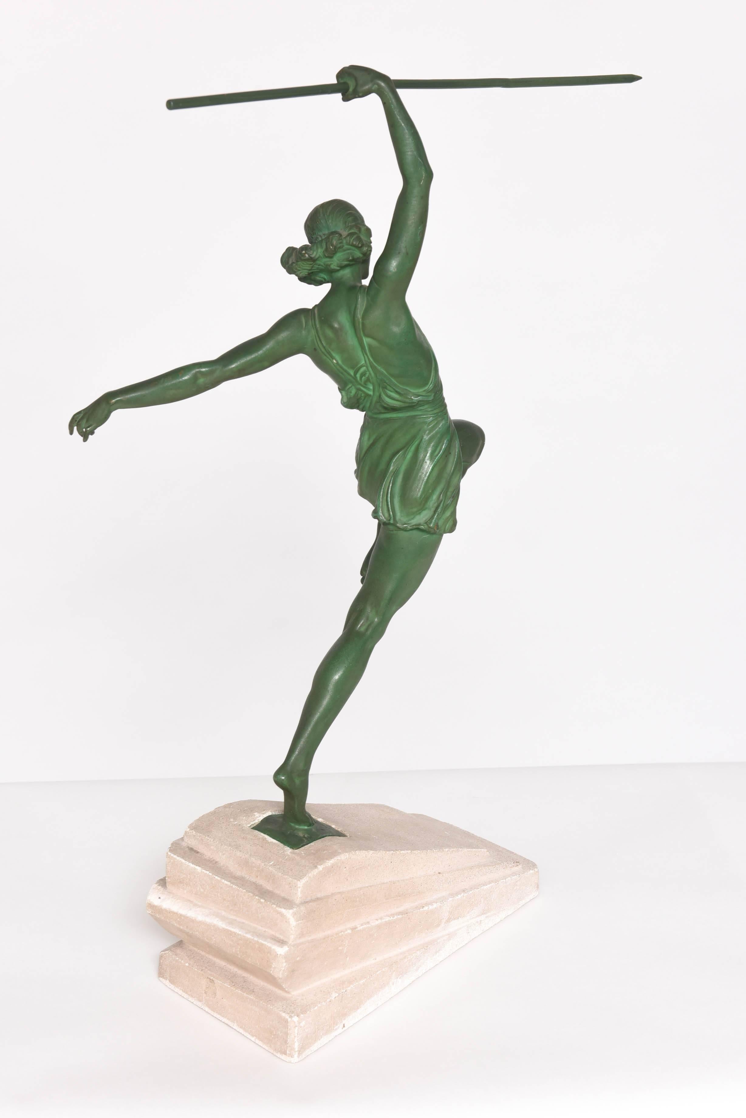 Art Deco Sculpture by Pierre Le Faguays a.k.a. Fayral, Amazonian Javelin Thrower In Excellent Condition In West Palm Beach, FL