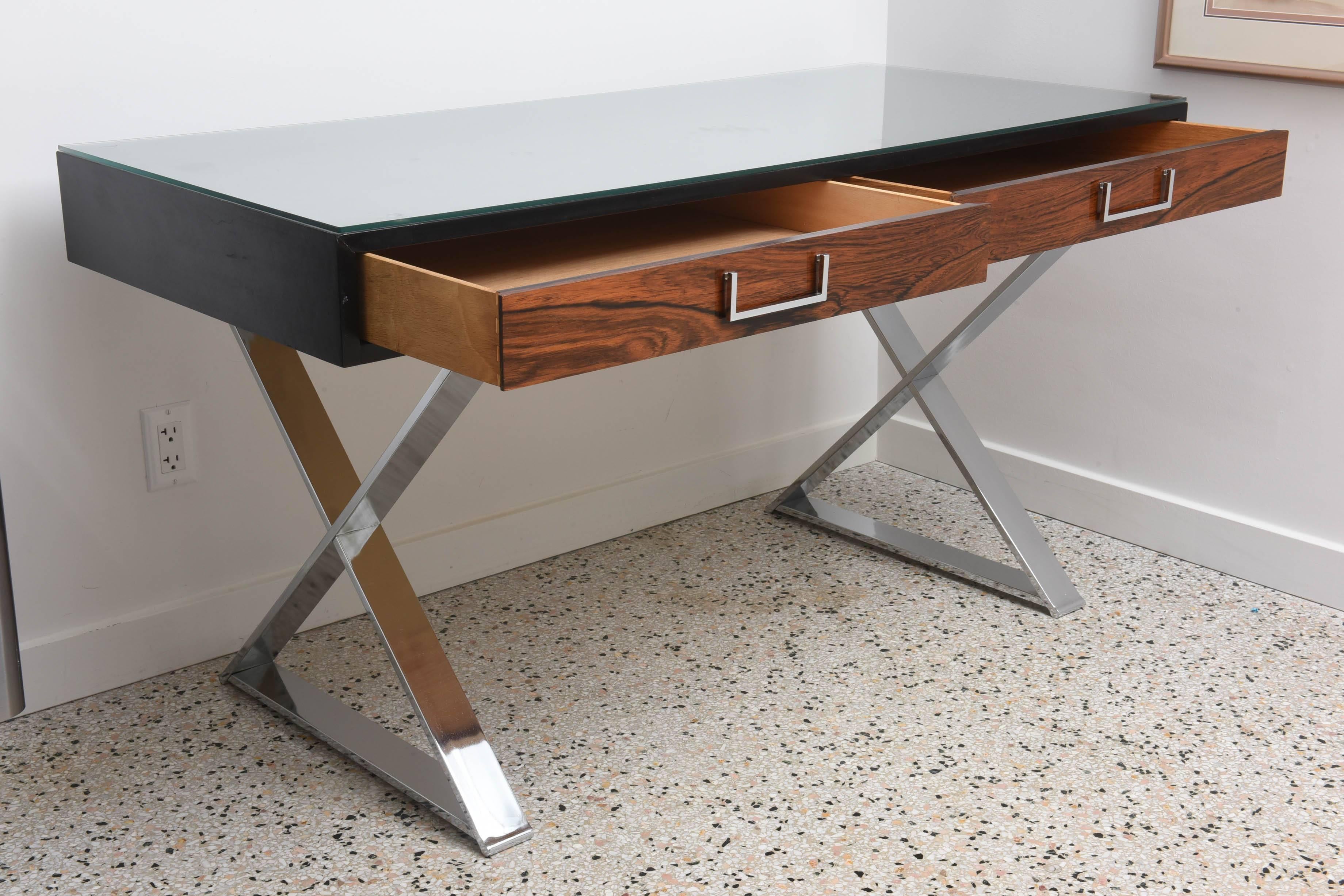 Polished Milo Baughman Two-Drawer, X-Base Campaign Desk in Rosewood and Black Lacquer