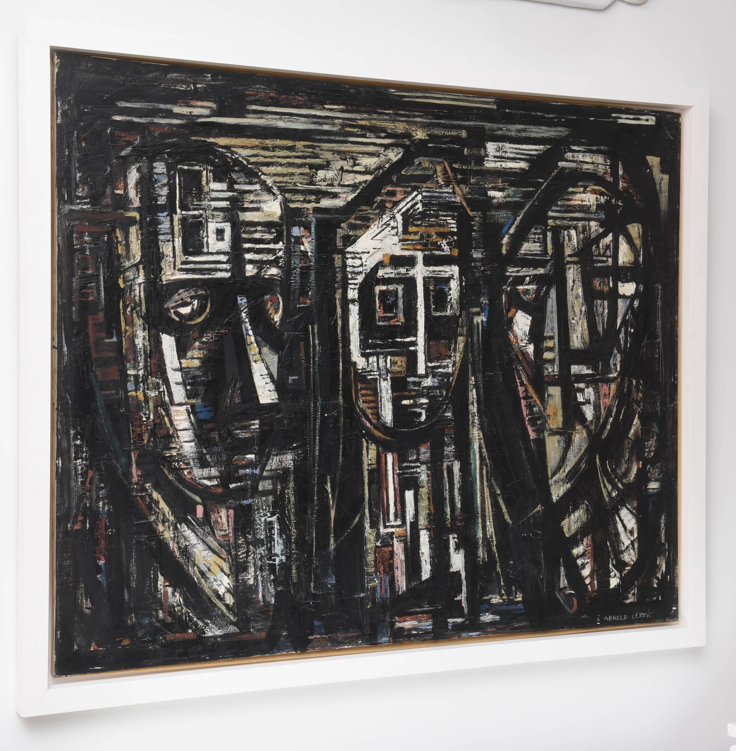 This Mid-Century Modern oil on canvas titled "Triumvirate" by Eleanor Arnold Clark is quite strong with its bold use of broad brush strokes and geometric forms. The three figures command a presence as the title suggest and we will have to