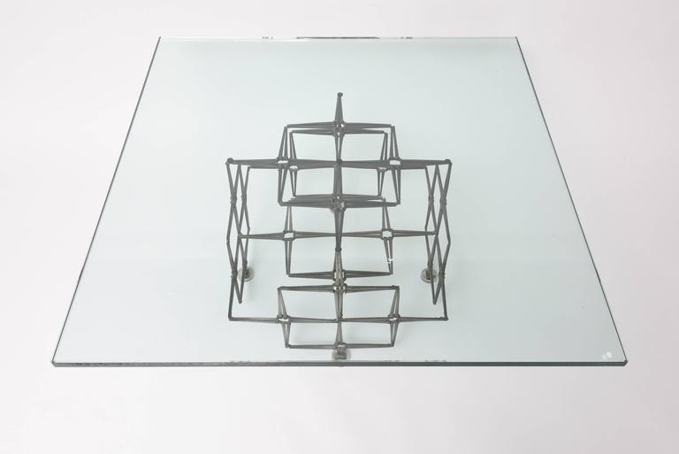 Large Square Brutalist Paul Evans Style Cocktail Table, Nails and Glass For Sale 2