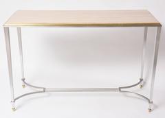 Table console en travertin, acier et laiton