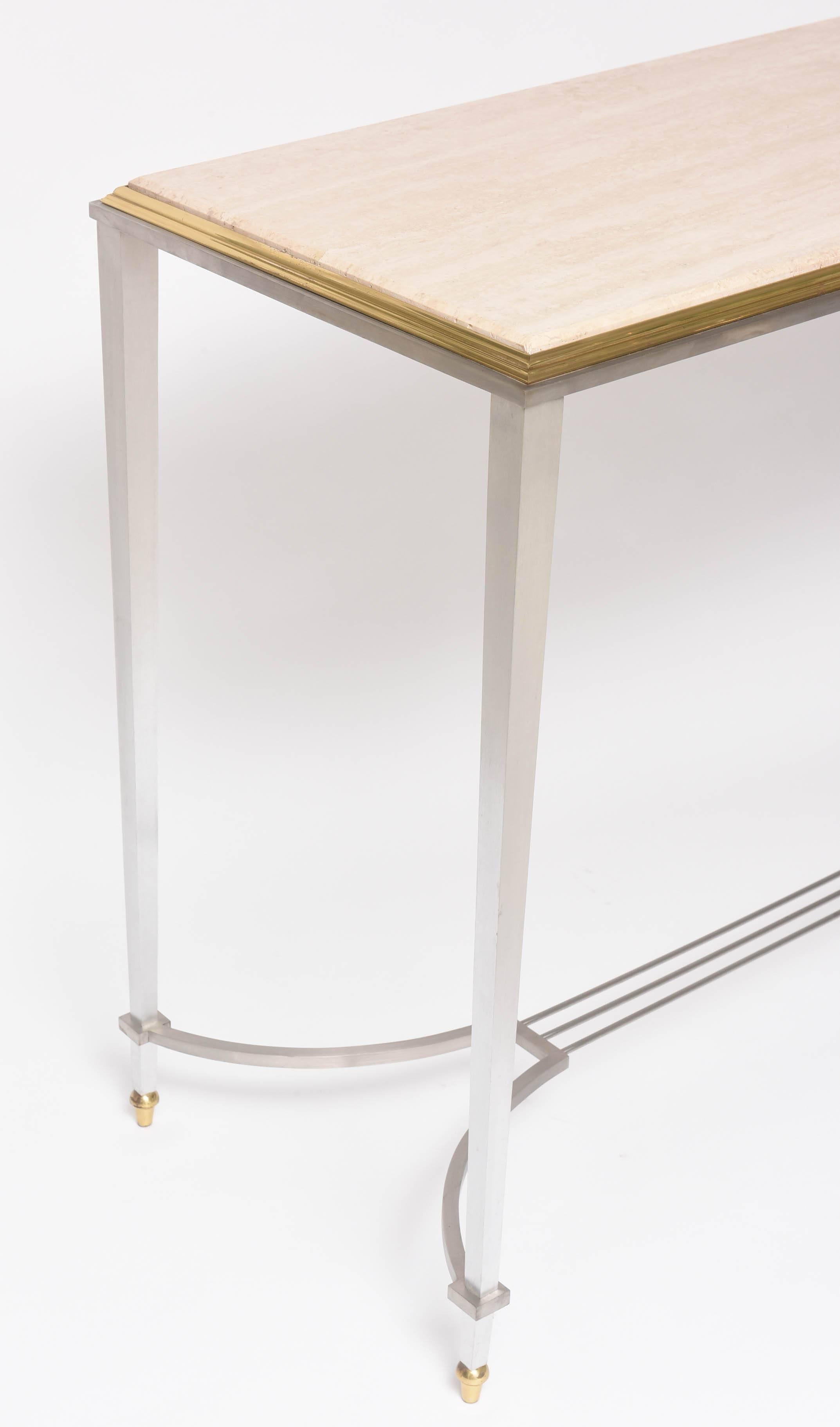 Modern Console Table in Travertine, Steel and Brass For Sale