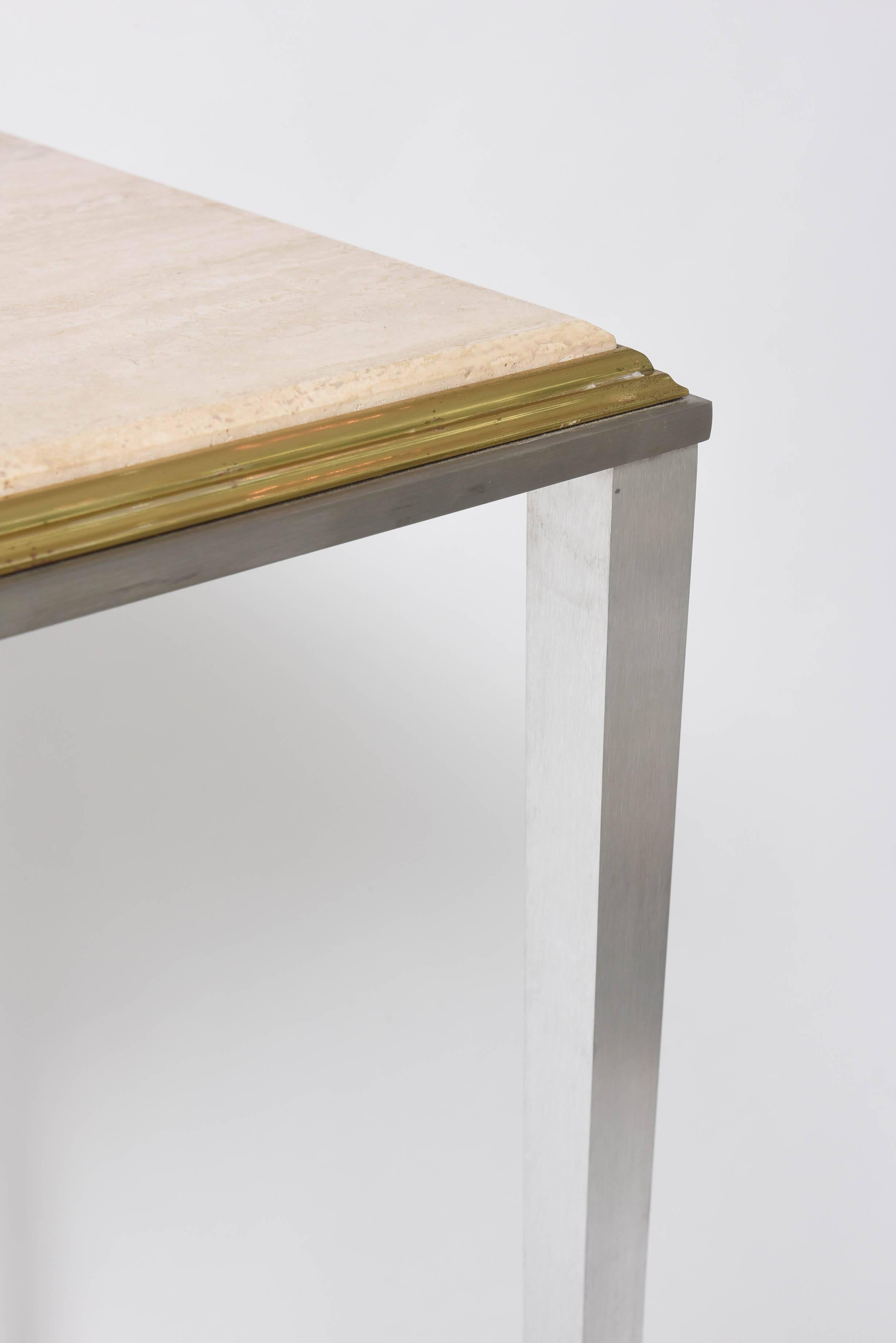 Console Table in Travertine, Steel and Brass For Sale 2