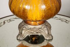 Curved Amber Glass and Brass Lamp Base with Modern Silk Square Blue Shade