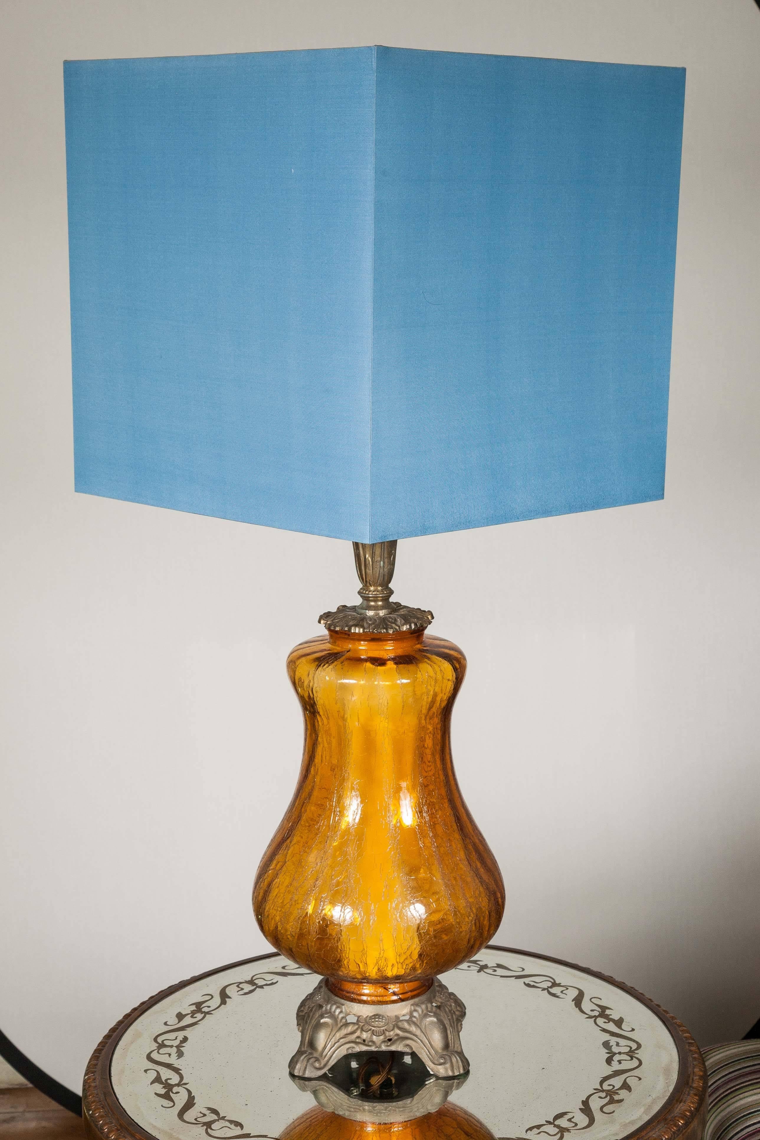 European Curved Amber Glass and Brass Lamp Base with Modern Silk Square Blue Shade  For Sale