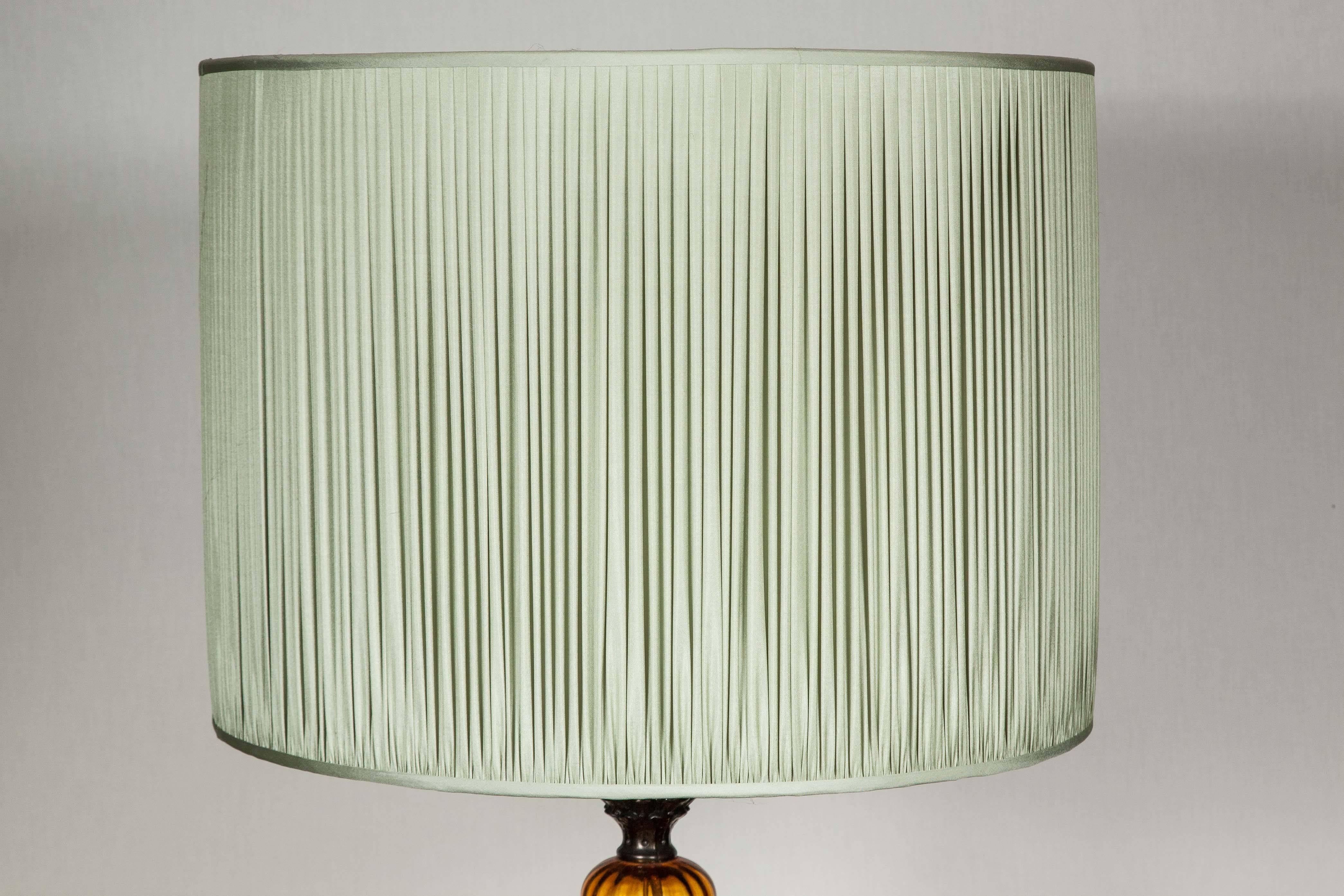 Mid-Century Modern Round Bright Amber Glass Table Lamp with Pale Green Gathered Silk Shade