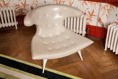 Pair of White Leather Mid-Century Low Curved Armchairs with Button Detail