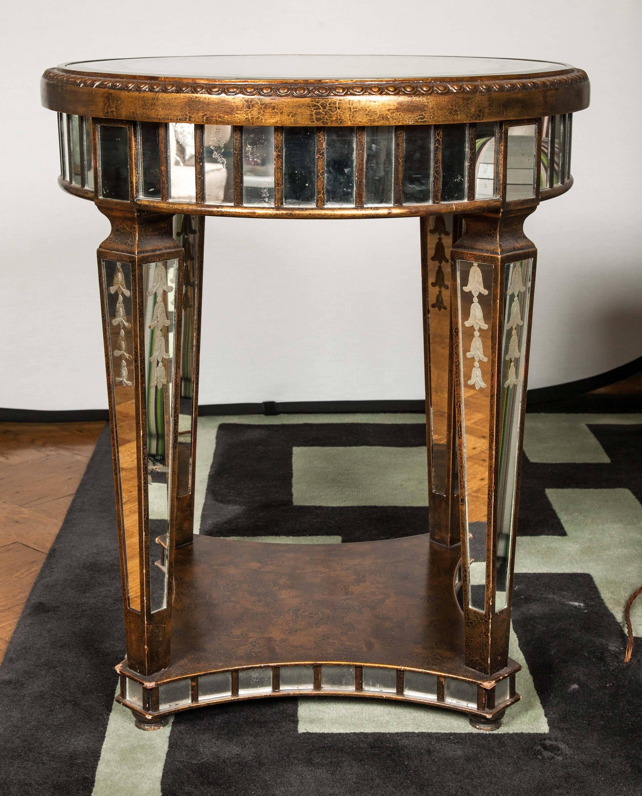 Ornate Etched Round Mirrored Table with Tapered Legs In Excellent Condition For Sale In London, GB