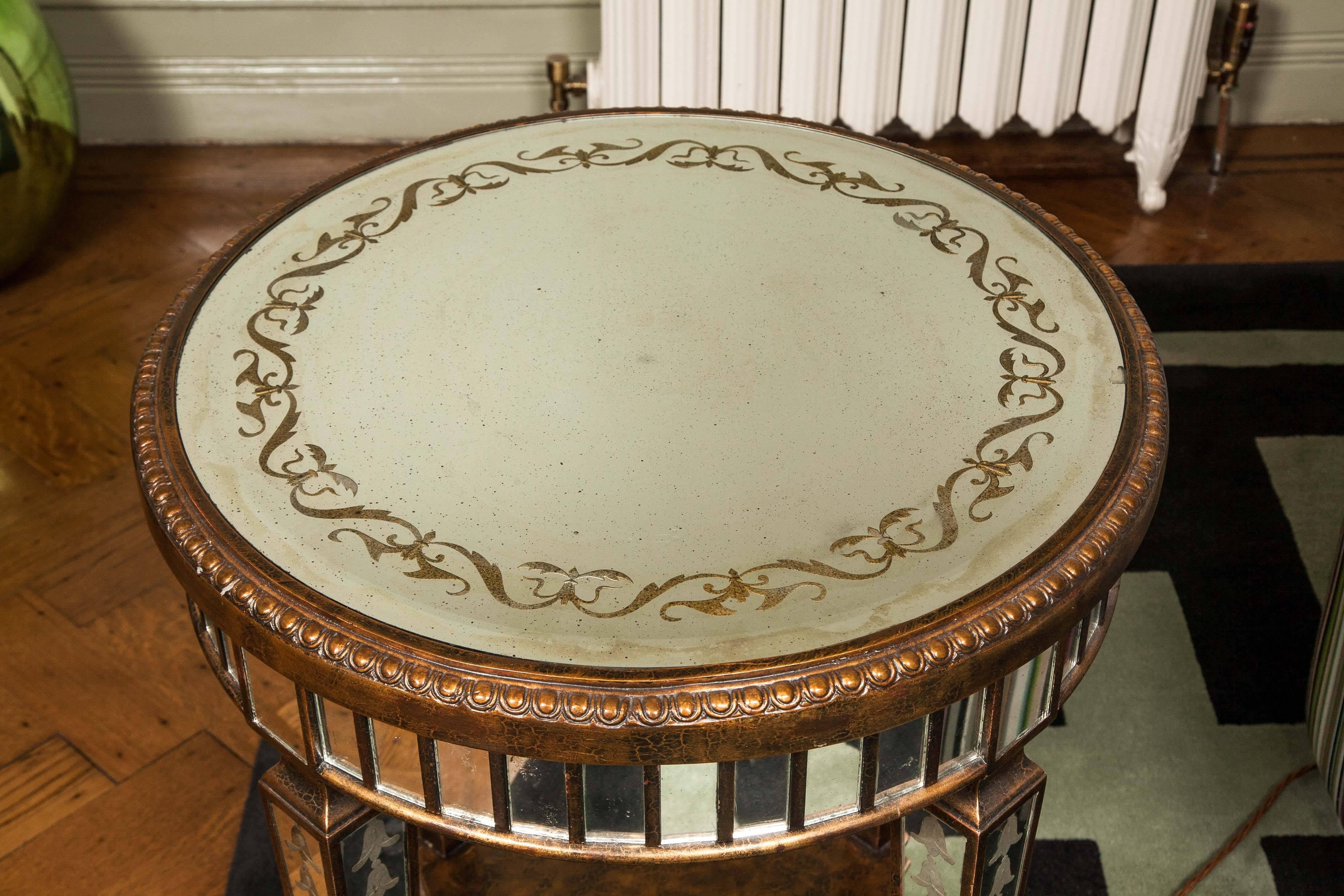 Ornate Etched Round Mirrored Table with Tapered Legs For Sale 1