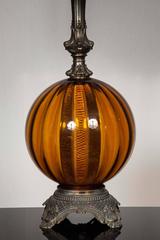 Round Dark Amber Glass Lamp Base with Modern Square Silk Blue Shade