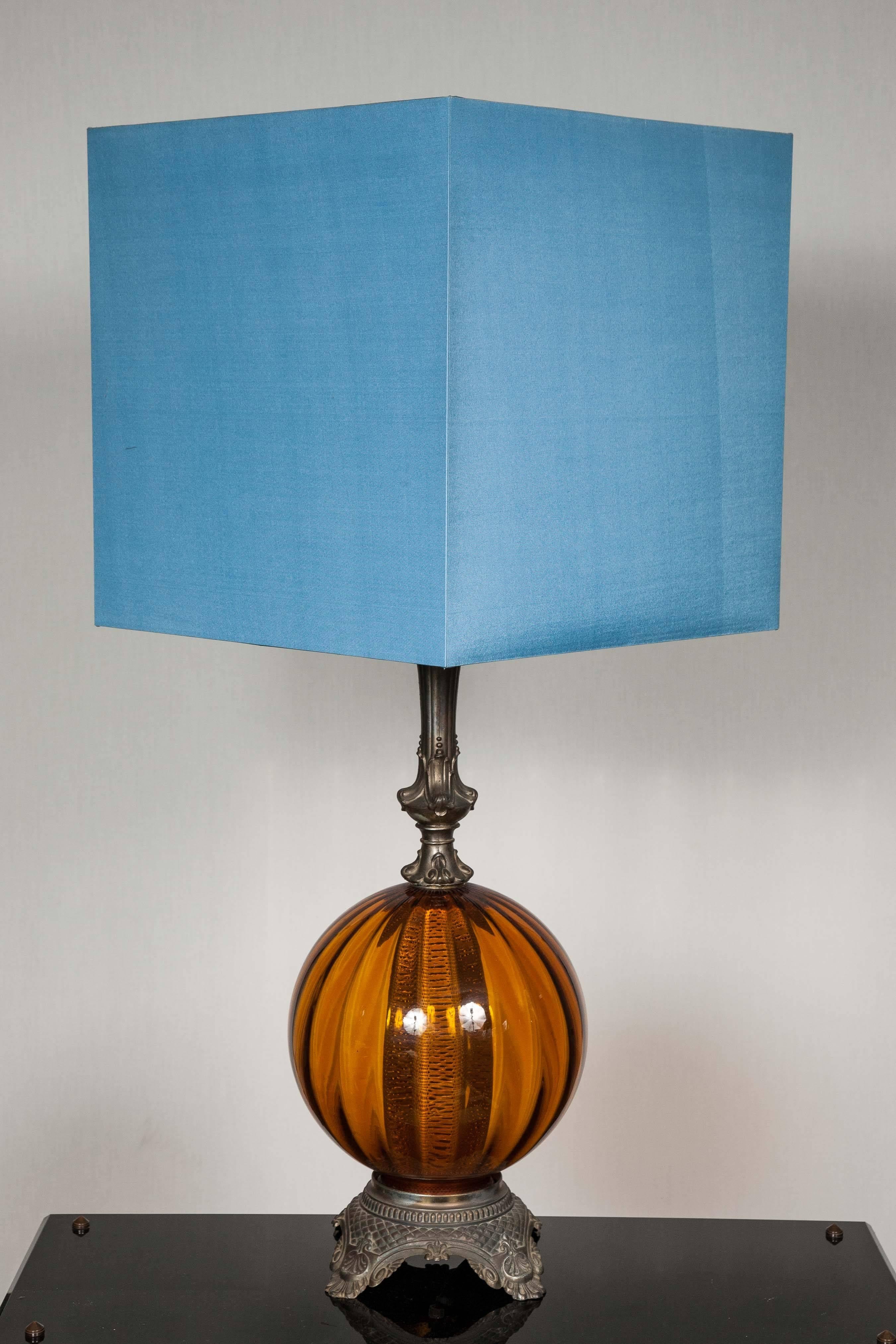 Mid-Century Modern Round Dark Amber Glass Lamp Base with Modern Square Silk Blue Shade
