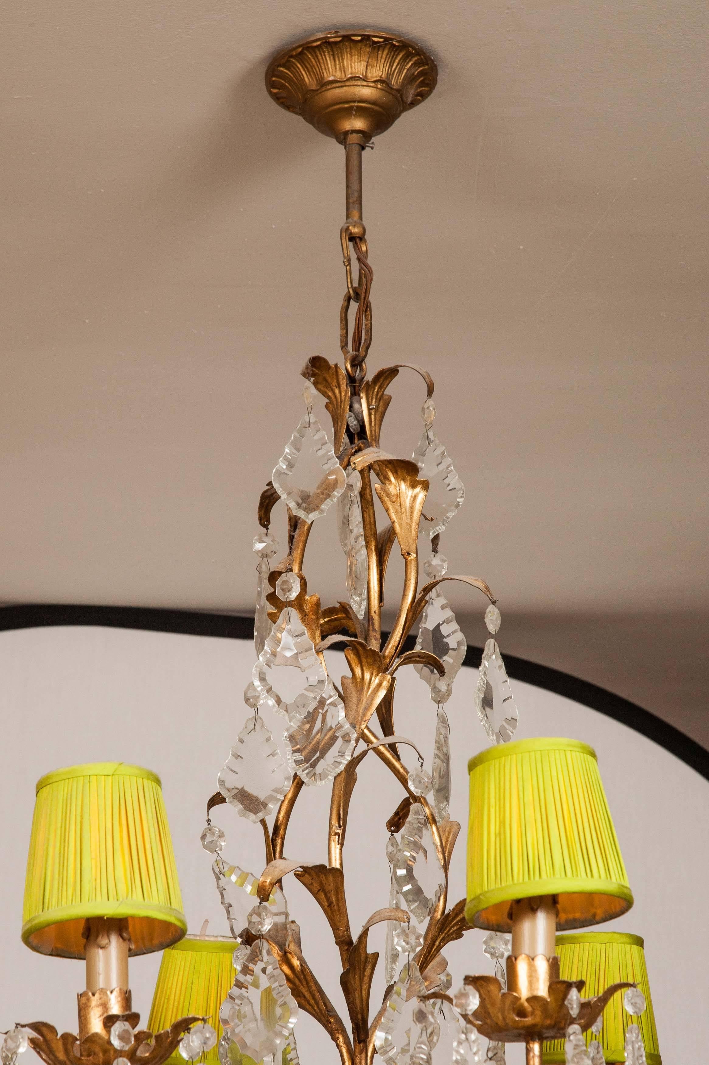 Large Ornate Crystal Drop Chandelier with Green Shades In Excellent Condition For Sale In London, GB