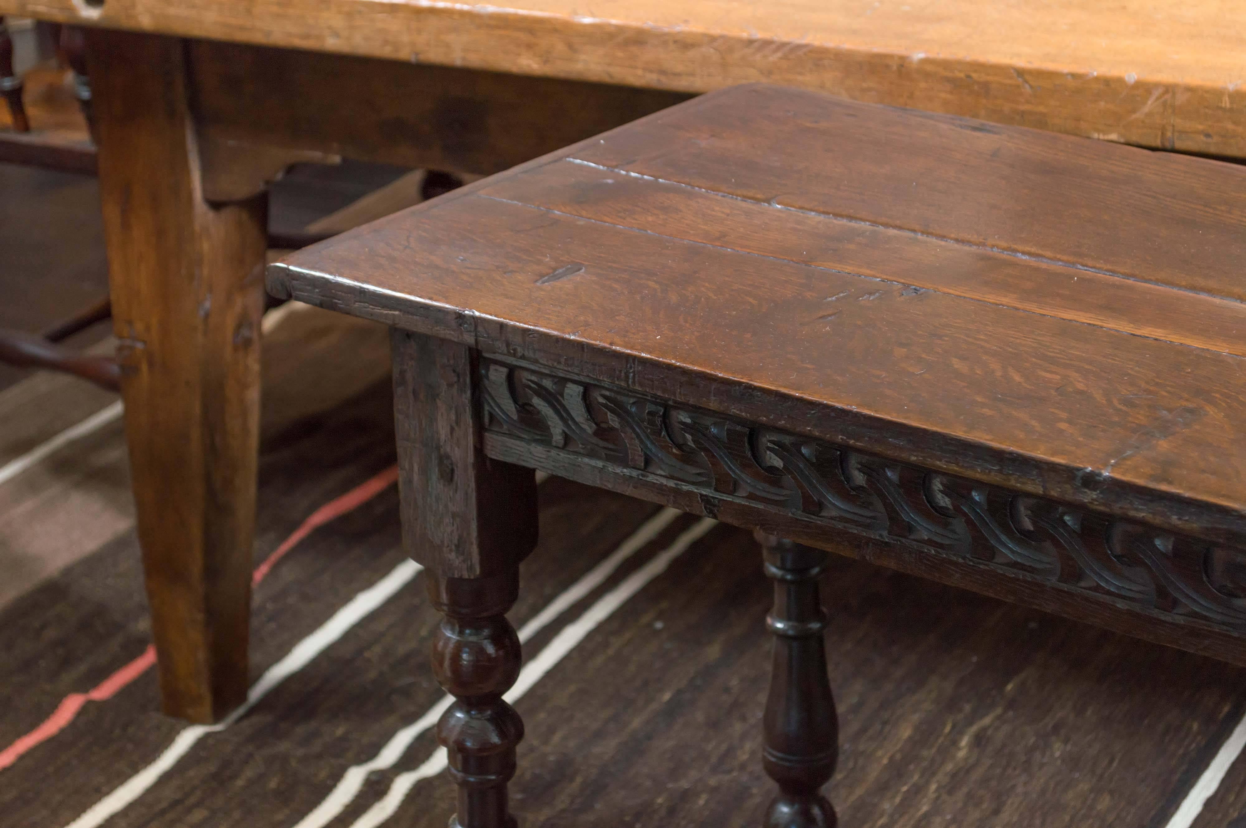European Narrow English Oak Side Table with Carved Apron, circa 1770 For Sale