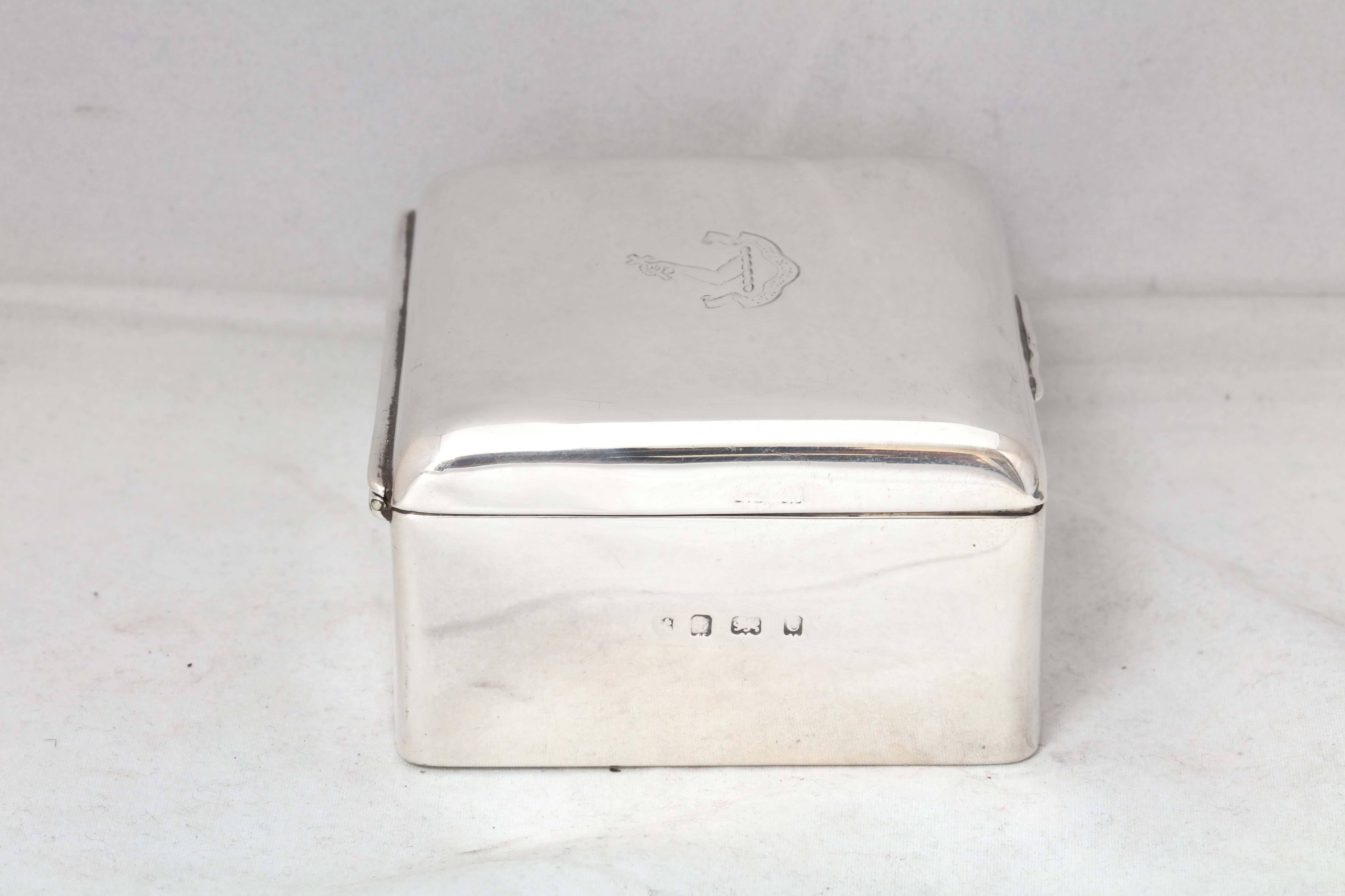 English Edwardian Sterling Silver Table Box With Armorial on Hinged Lid