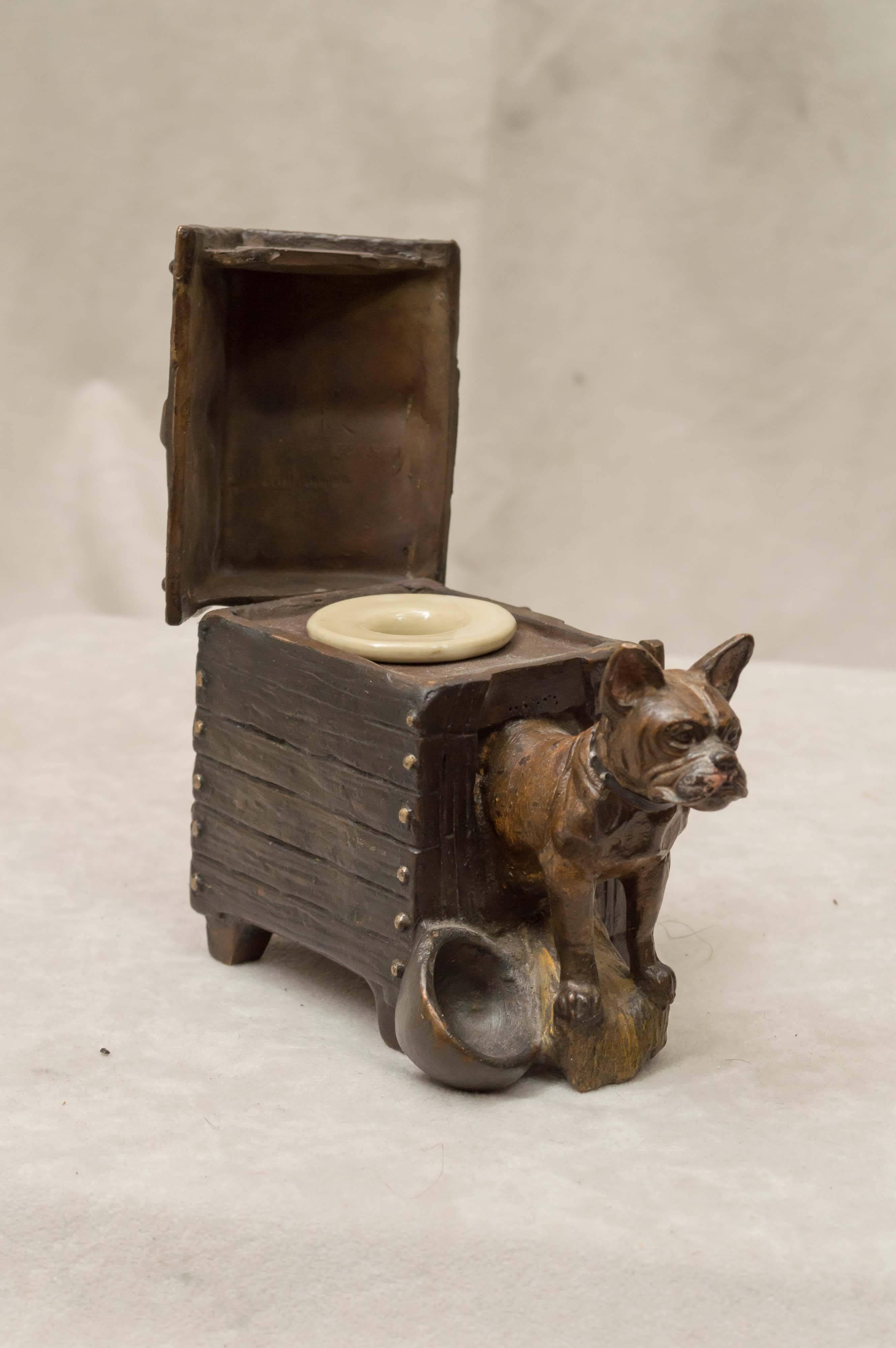 Austrian Cold Painted Vienna Bronze Inkwell of a Terrier Outside His Dog House