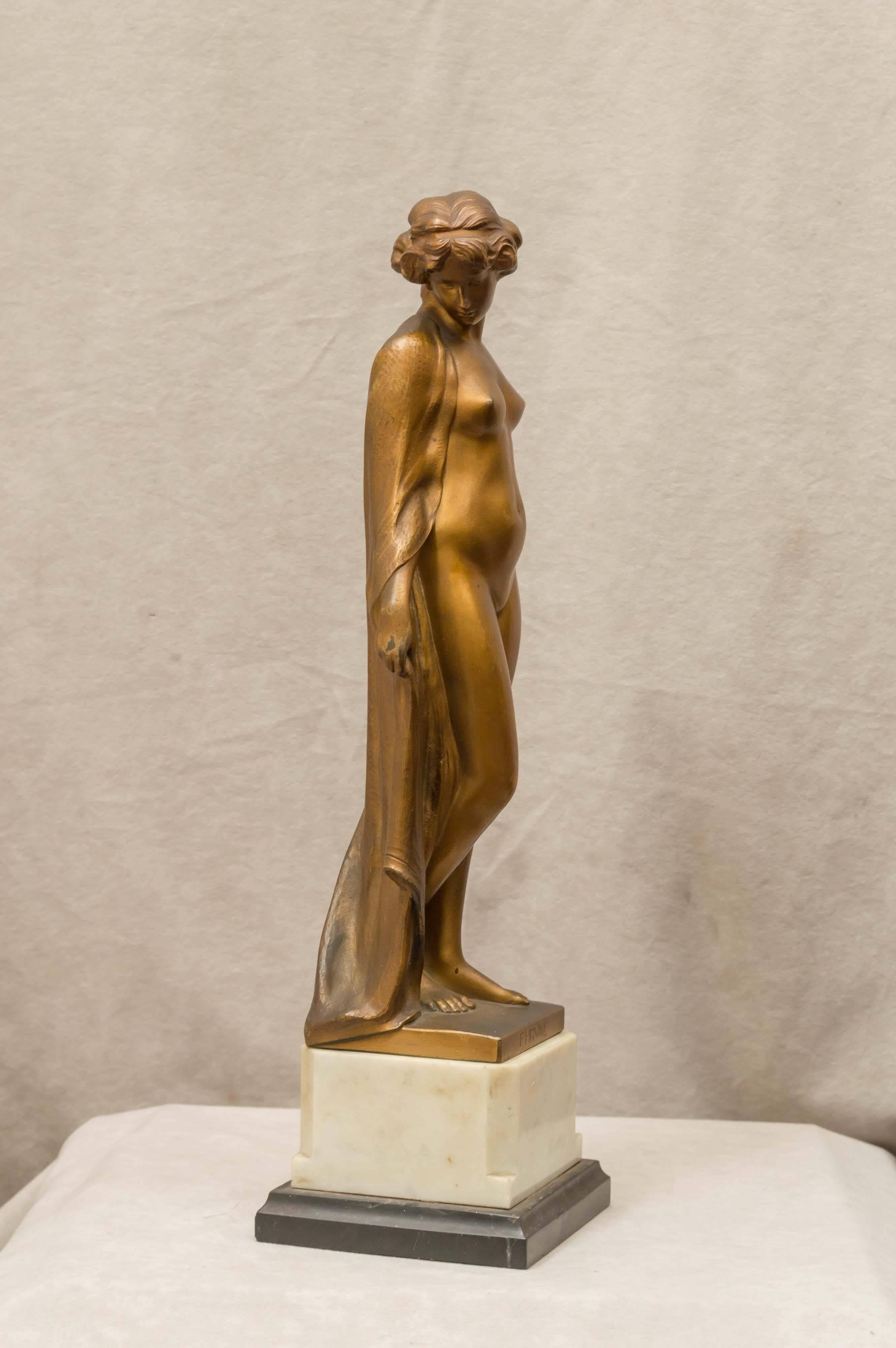 This beautiful model of a nude in gilt bronze is Austrian and artist signed, Franz Peleschka (b 1873). The figure is entitled 