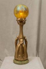 Art Nouveau Gilt Bronze Table Lamp, Three Nudes with Art Glass Shade ca. 1905