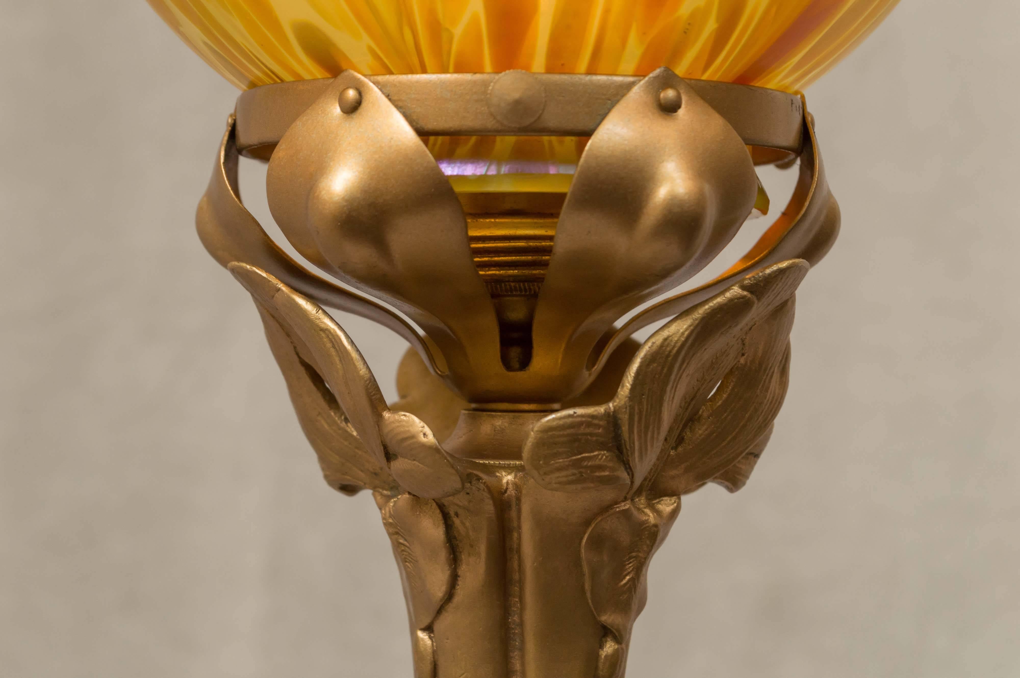 Early 20th Century Art Nouveau Gilt Bronze Table Lamp, Three Nudes with Art Glass Shade ca. 1905