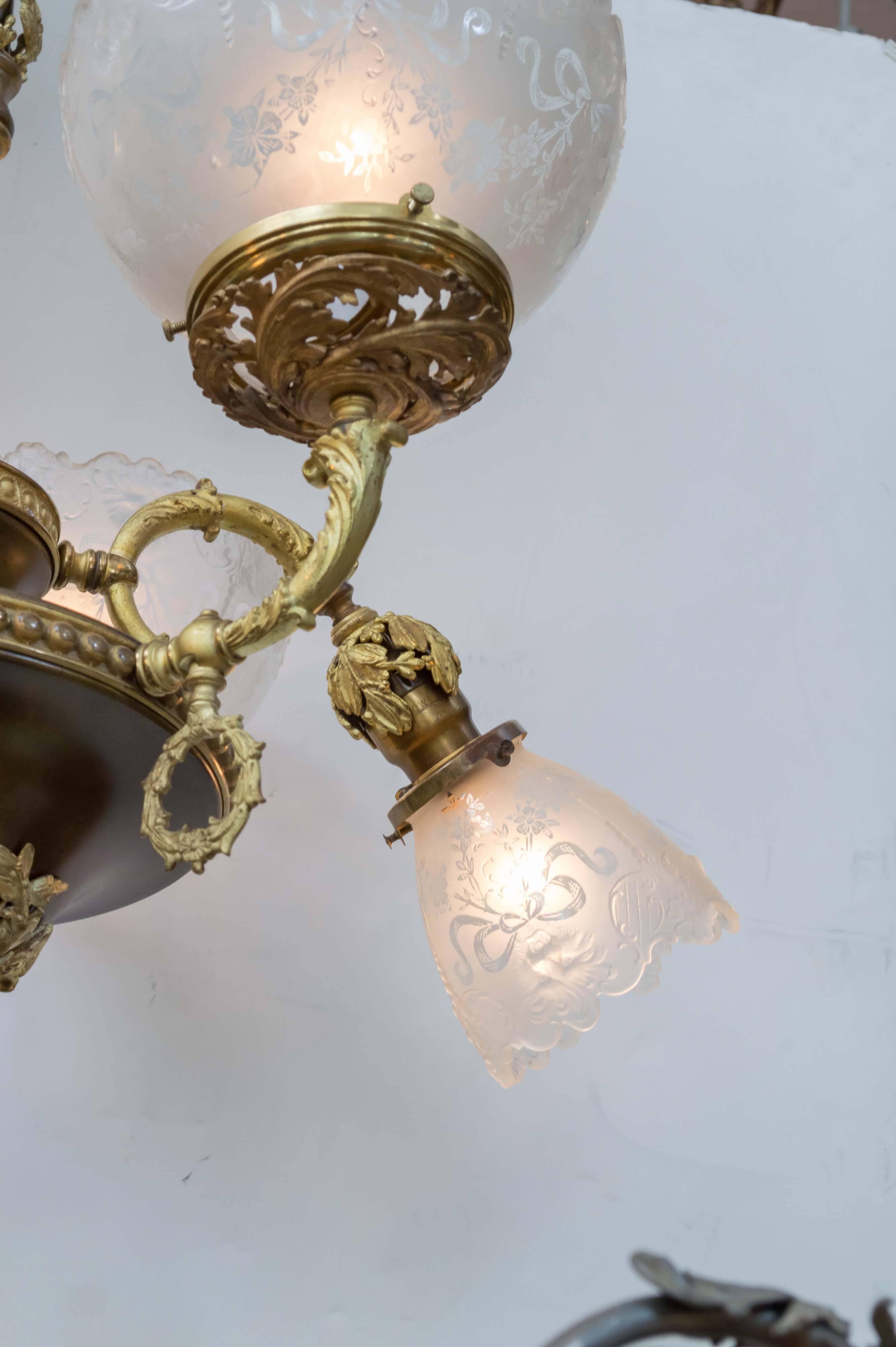 Molded Late Victorian Gas and Electric Six-Arm Combination Chandelier