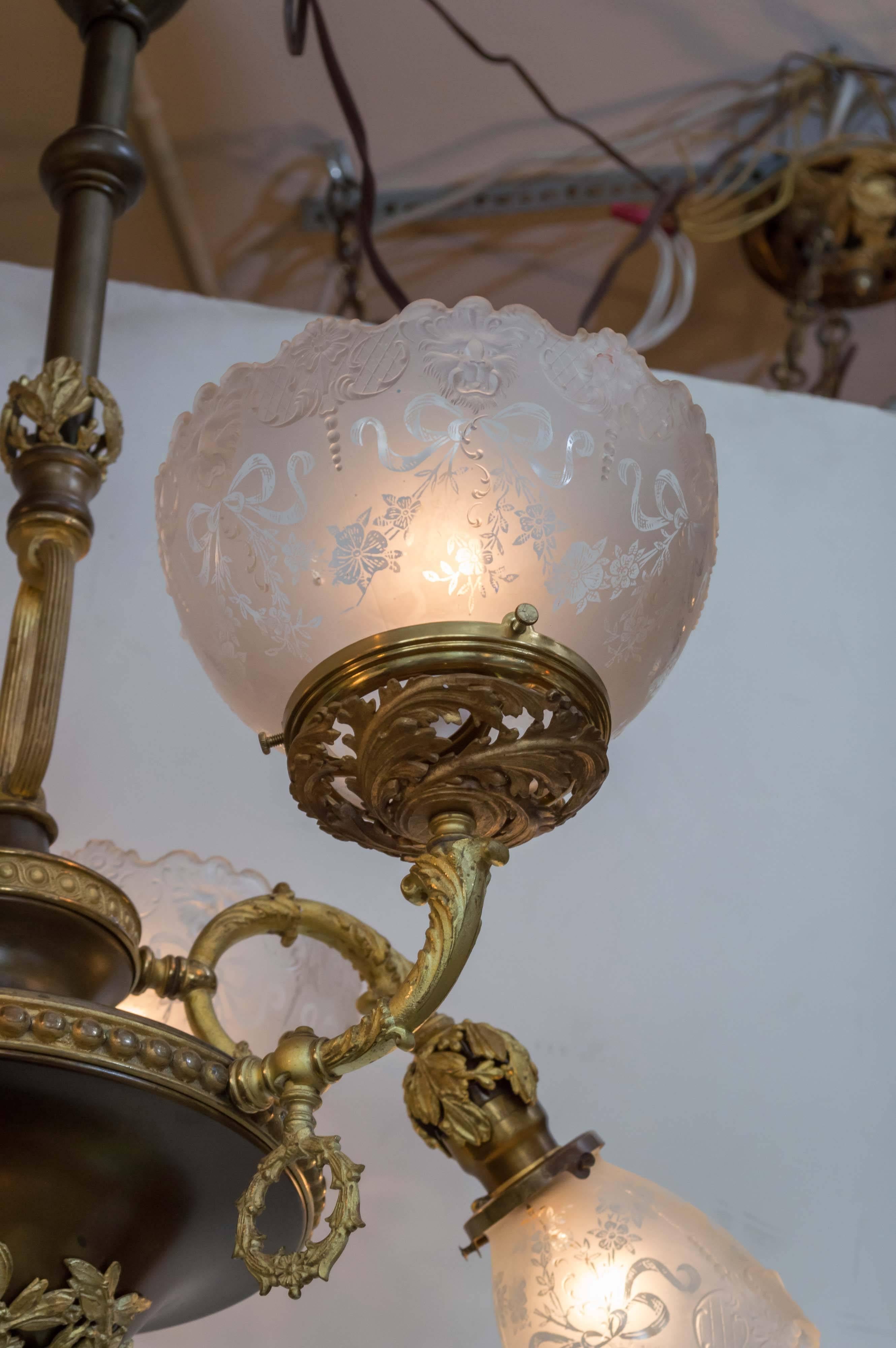 Late Victorian Gas and Electric Six-Arm Combination Chandelier In Excellent Condition In Petaluma, CA