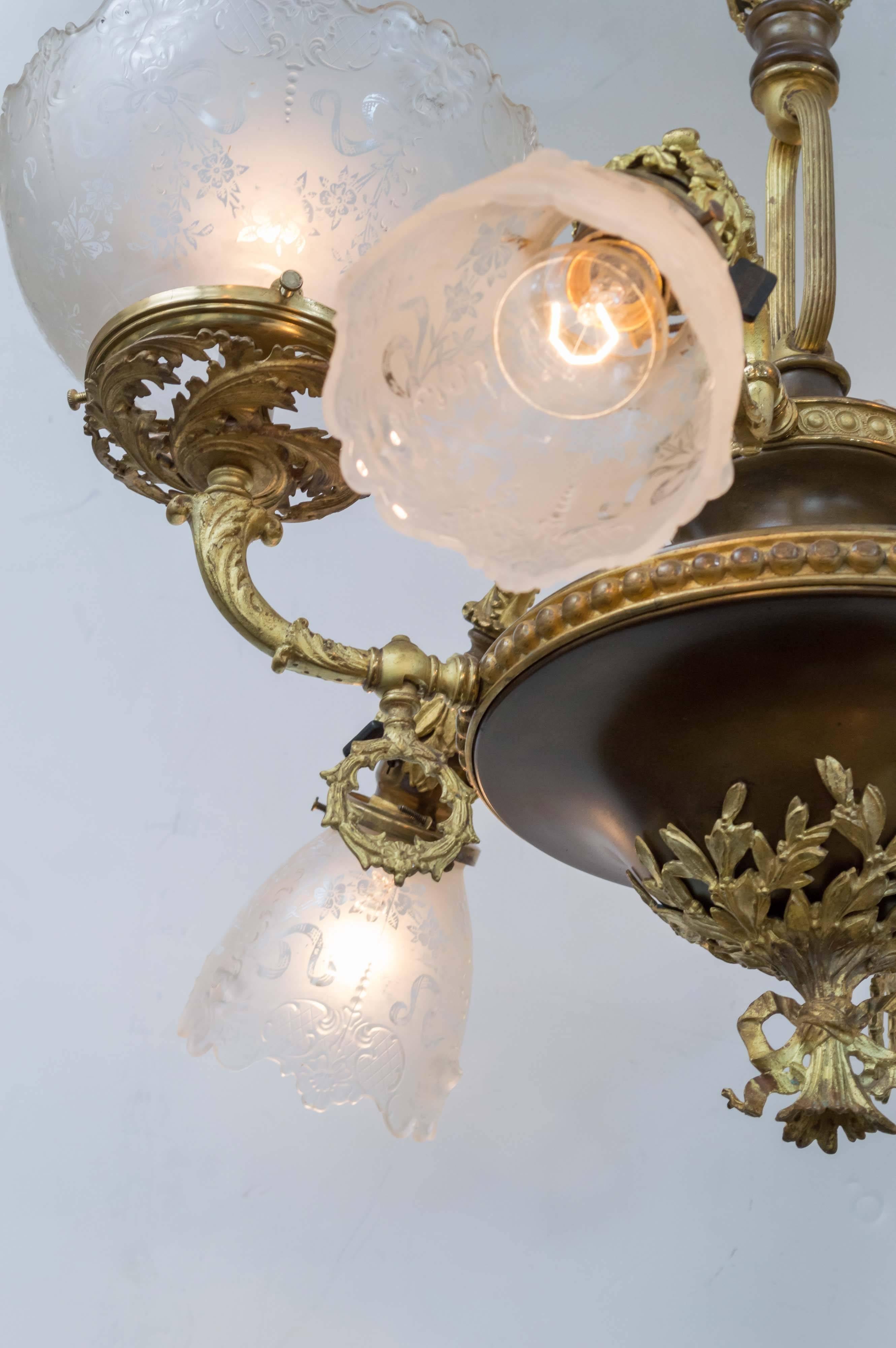 Late 19th Century Late Victorian Gas and Electric Six-Arm Combination Chandelier