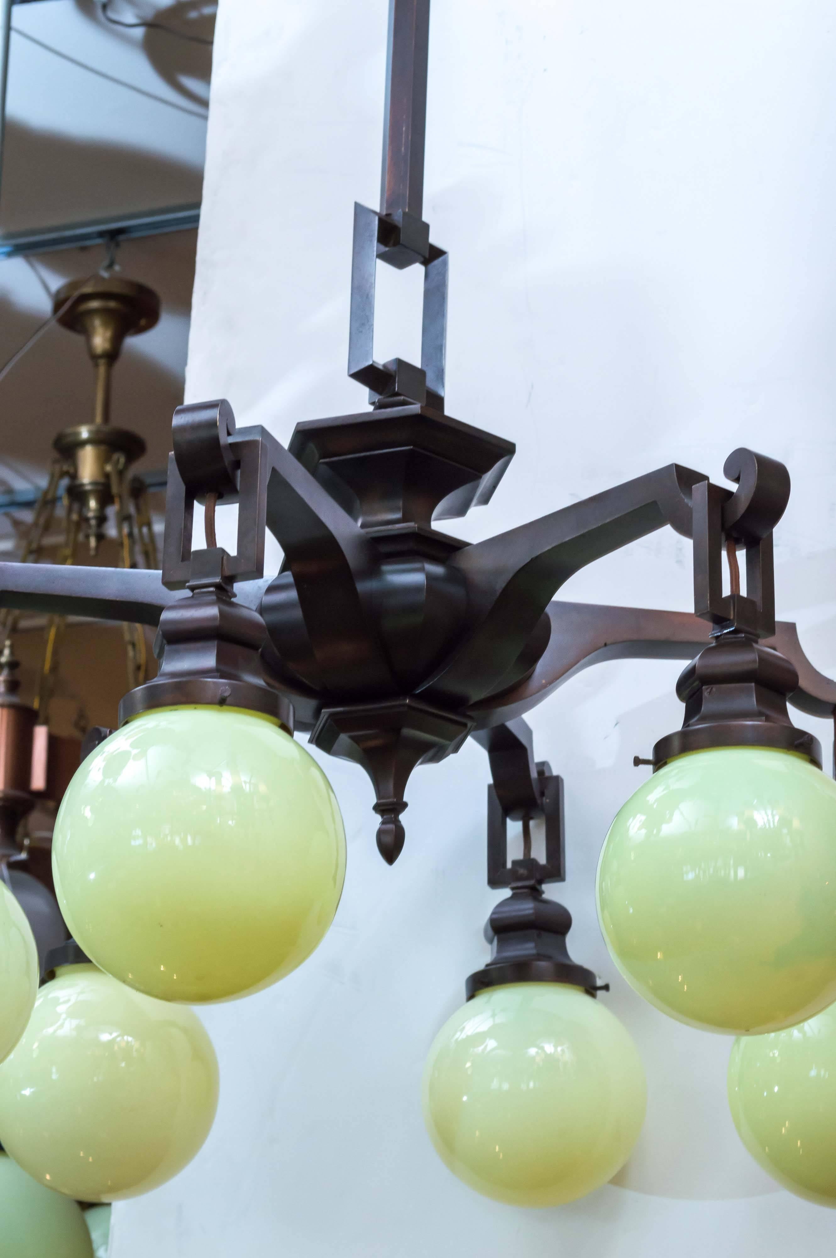 American Arts and Crafts Five-Arm Bronze Chandelier with Handblown Shades
