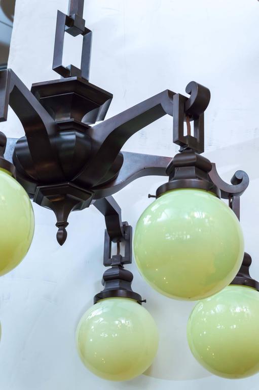 Arts and Crafts Five-Arm Bronze Chandelier with Handblown ...