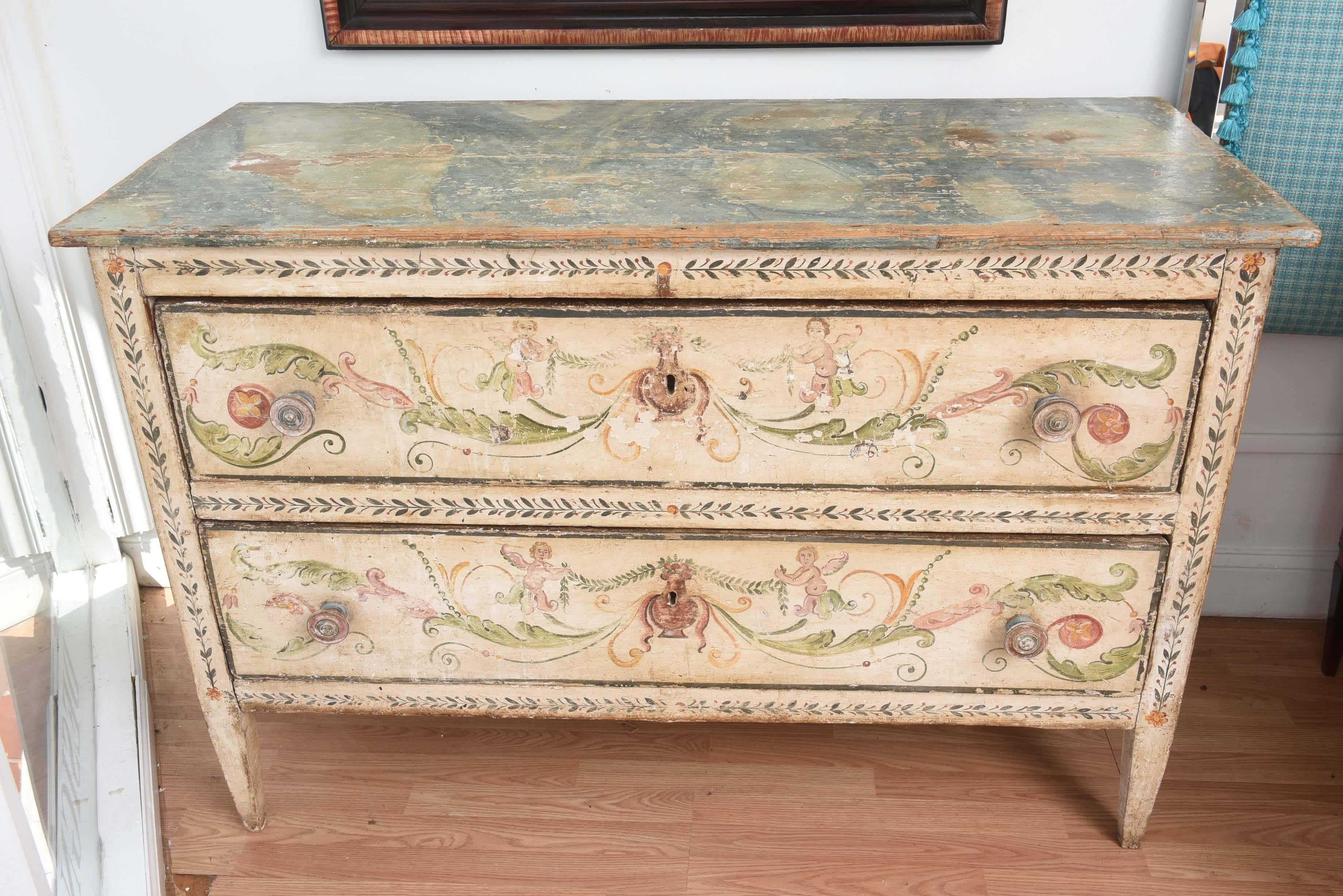 Superb 19th century two-drawer painted commode. All original, no restoration.