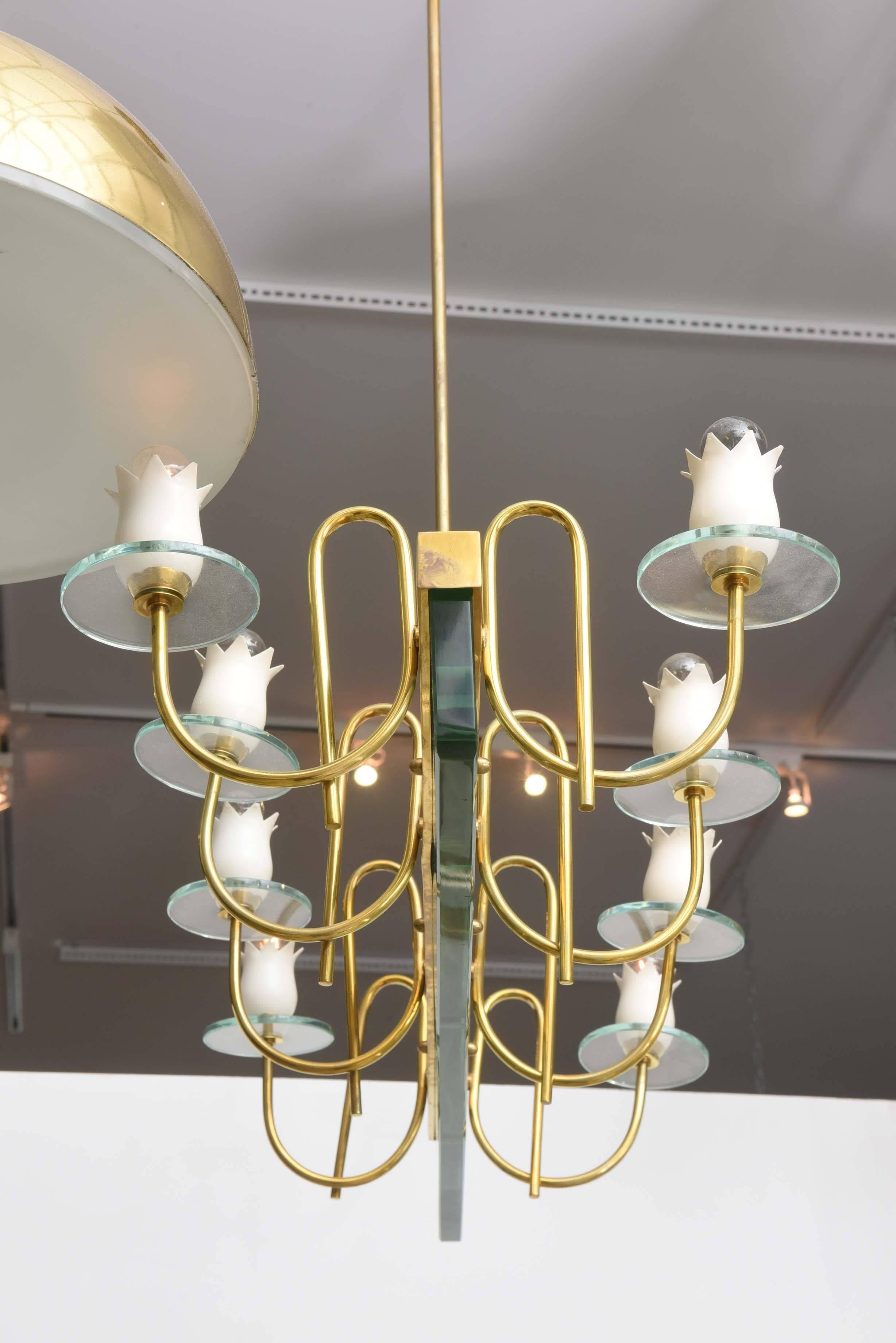 European Brass and Glass Floral Chandelier in the Style of Fontana Arte