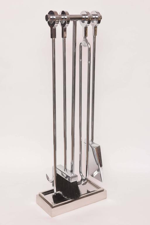 Vintage Polished Chrome and Glass Fireplace Screen with Matching Tools