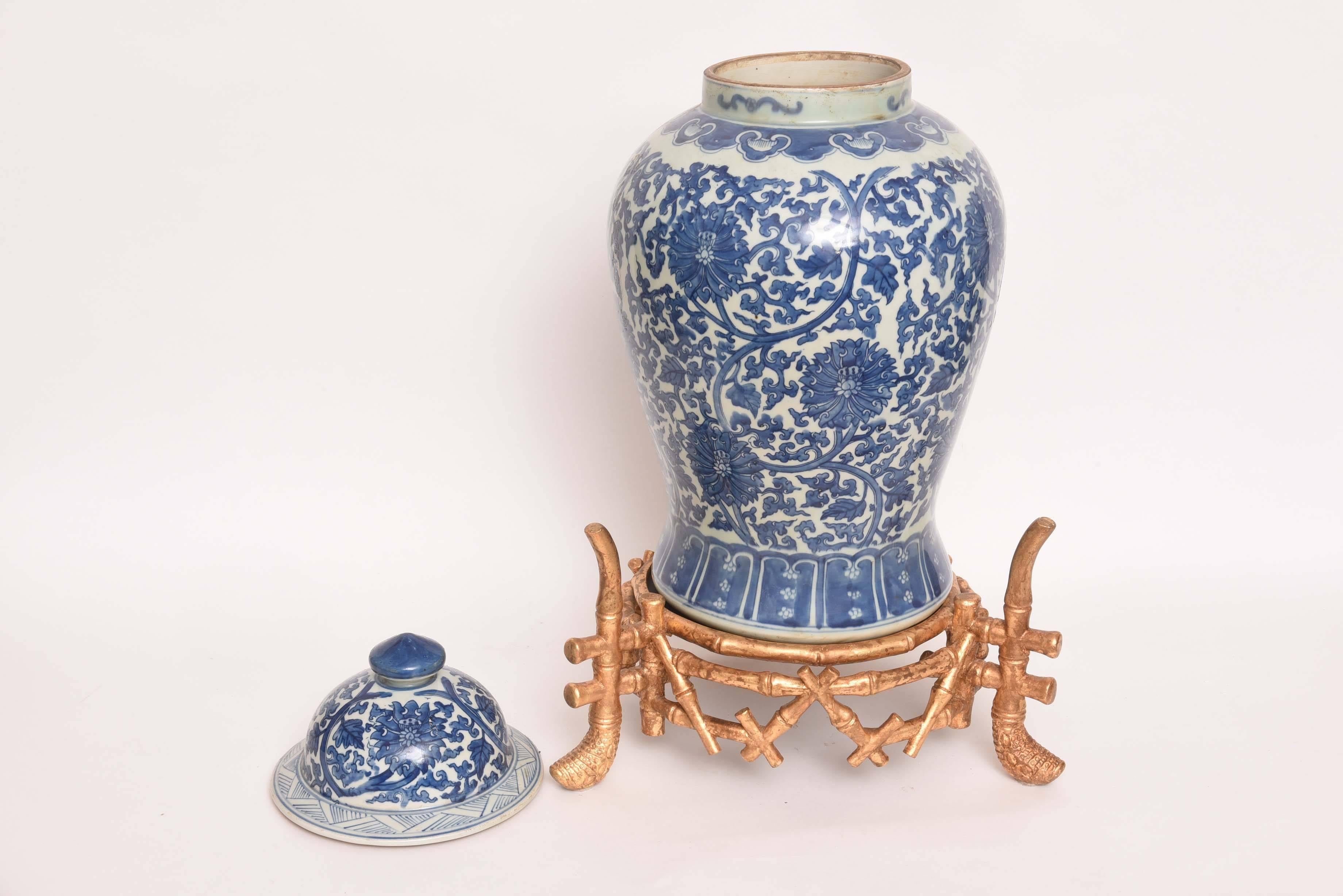 20th Century Chinese Blue and White Ginger Jar on Stand