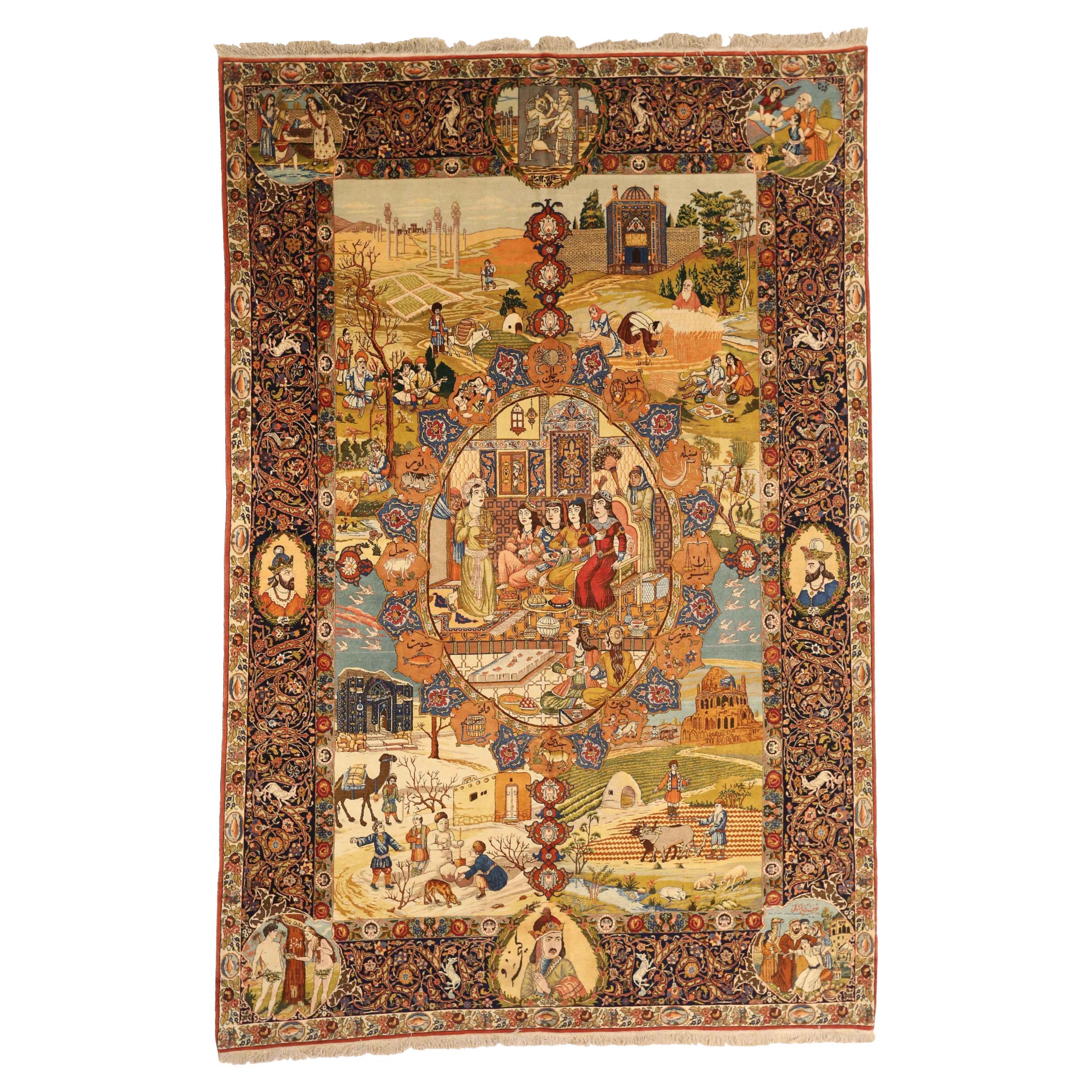 Persian Tabriz Area Rugs Circa 1910 - Wool Blue Green Ivory Orange Red 71745