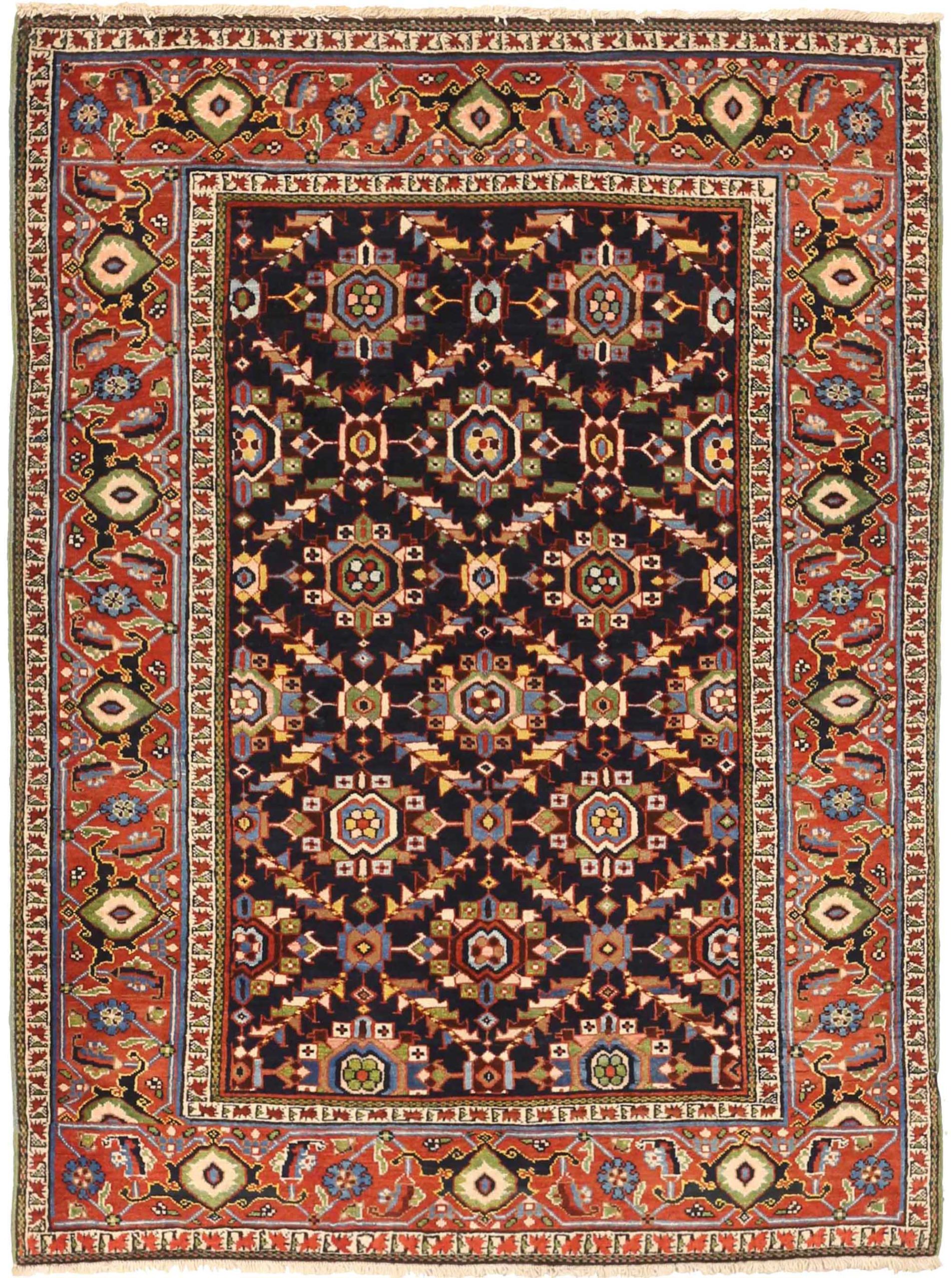 Persian Heriz Small Rug Circa 1940 - Wool Ivory Navy Blue Red 72603
