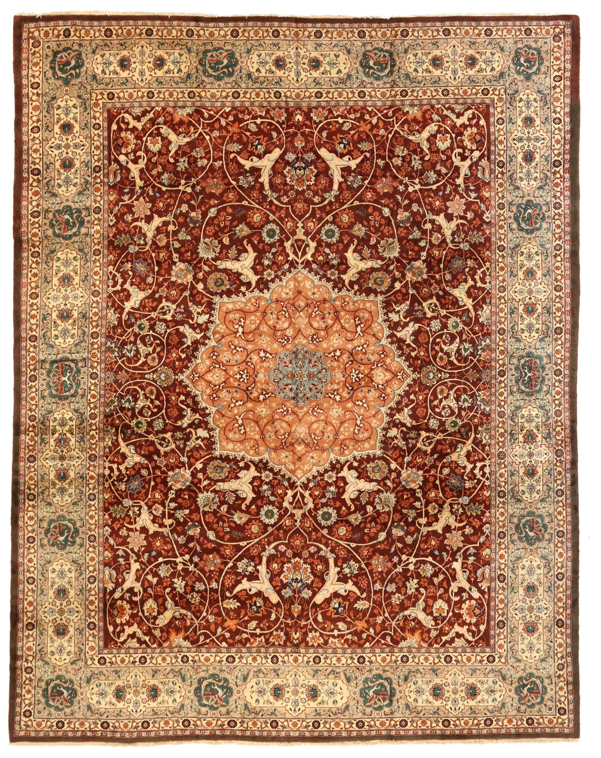 Persian Tabriz Area Rugs Circa 1910 - Wool Ivory Orange Red 72614