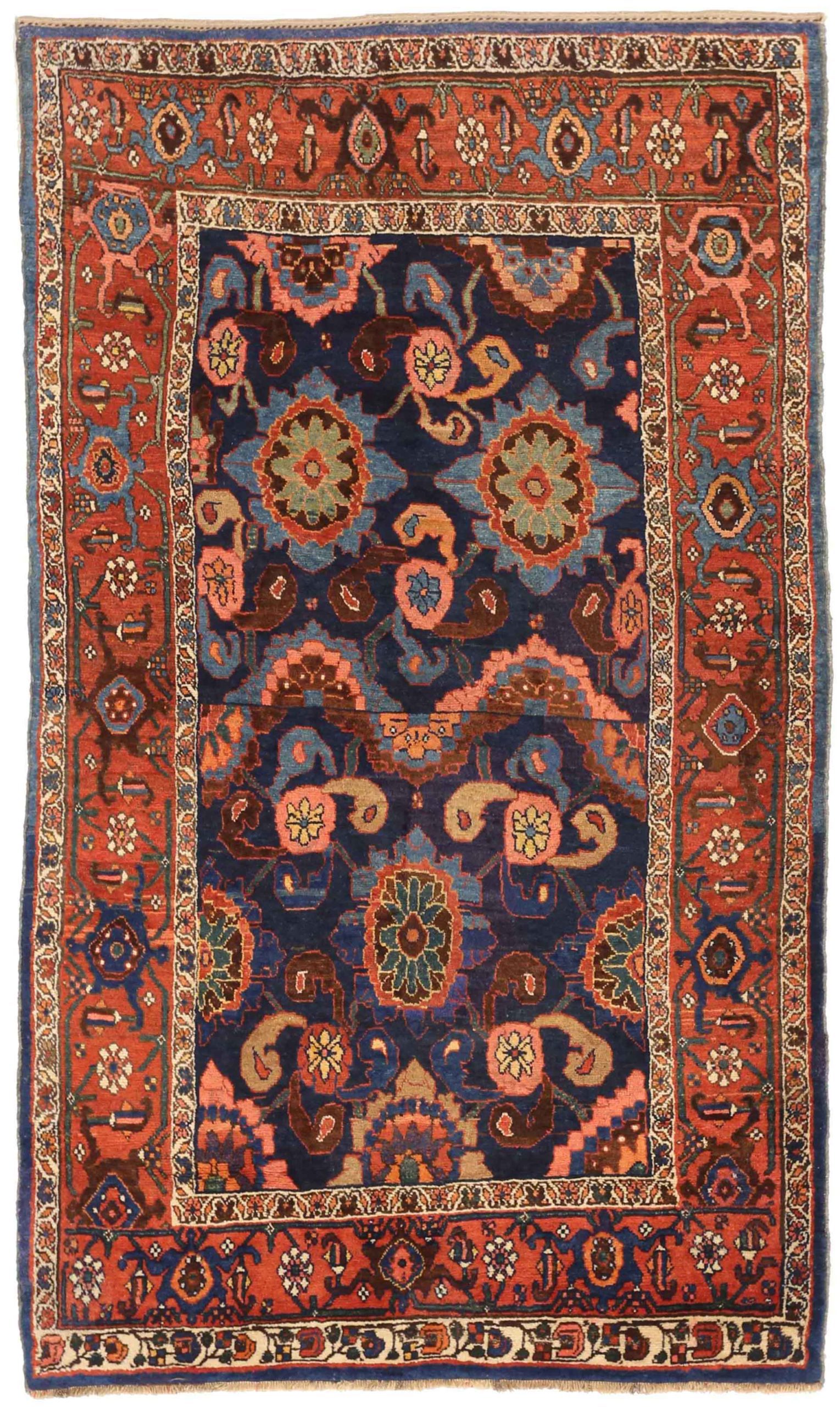 Alfombra Persa Bijar Pequeña Circa 1910 - Lana Azul Marfil Rosa Rojo 72675