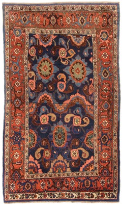 Alfombra Persa Bijar Pequeña Circa 1910 - Lana Azul Marfil Rosa Rojo 72675