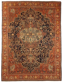 Tapis persan Farahan Circa 1880 - Laine Ivoire Bleu marine Rouge 73143