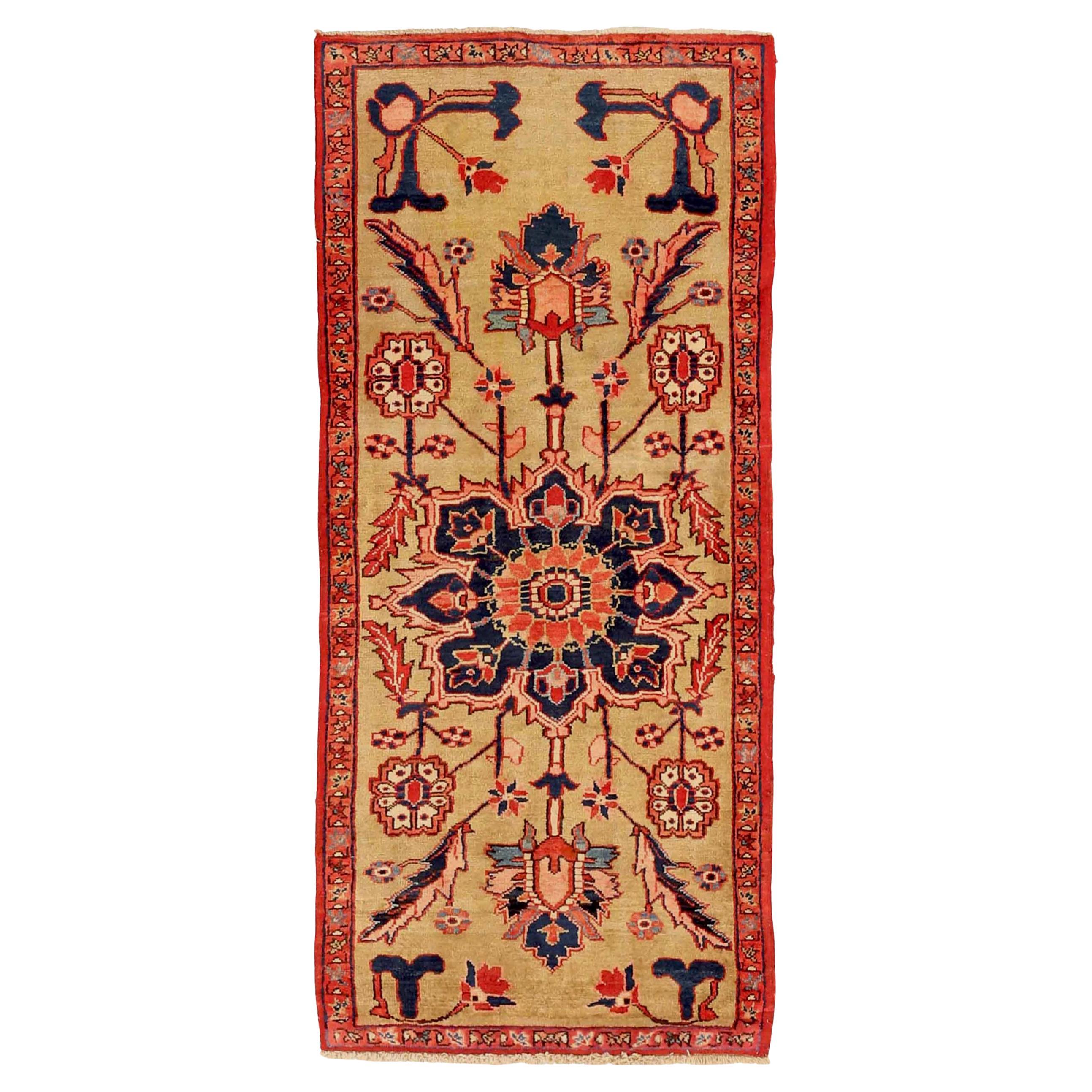 Persian Heriz Small Rug - Wool - Navy Blue Red Yellow For Sale