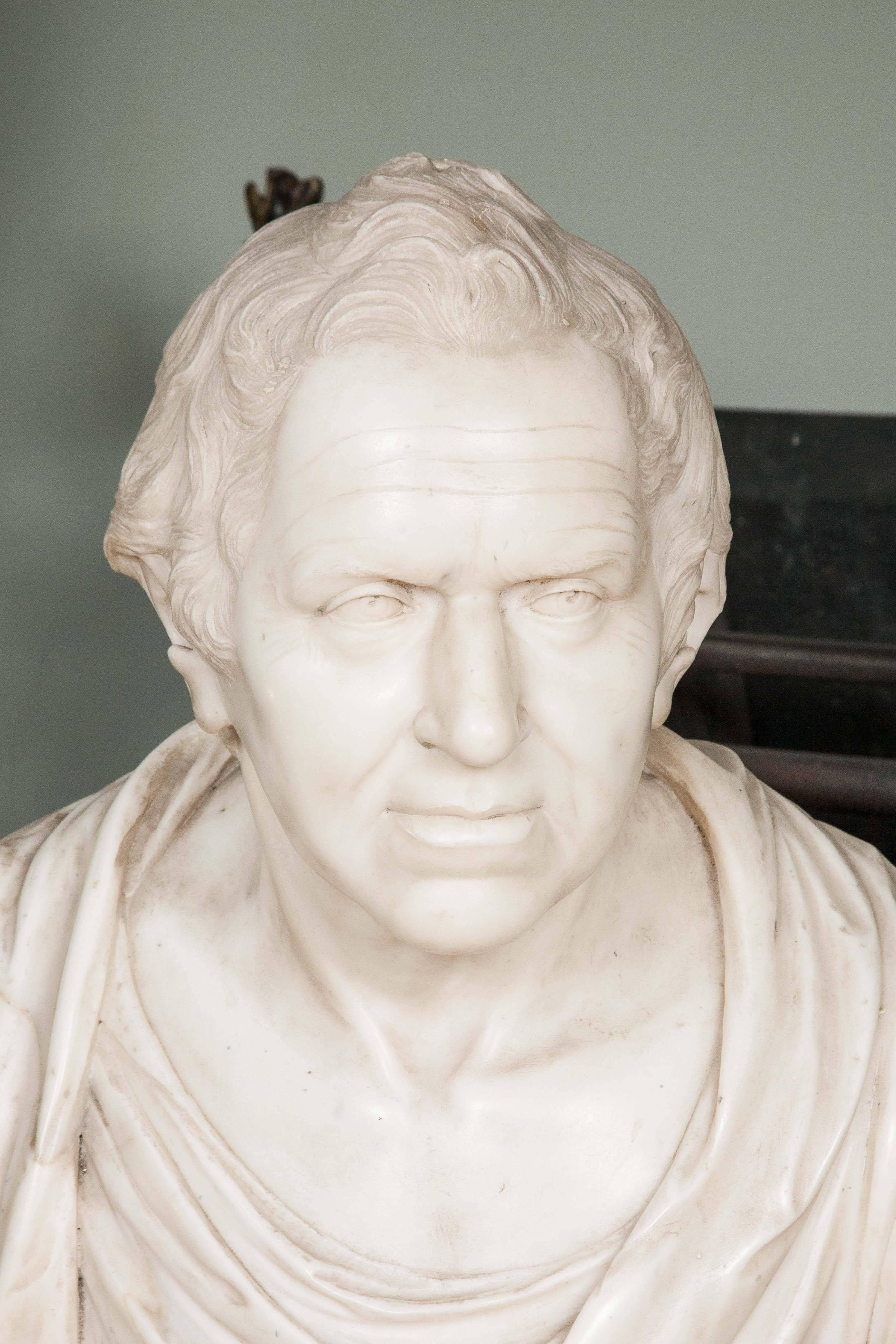Carved in Italian statuary marble, possibly by Peter Turnerelli (1774–1839), a successful Irish-born sculptor of Italian descent working in Britain in the late 18th / early 19th century. Tunerelli taught modelling to the daughters of George III