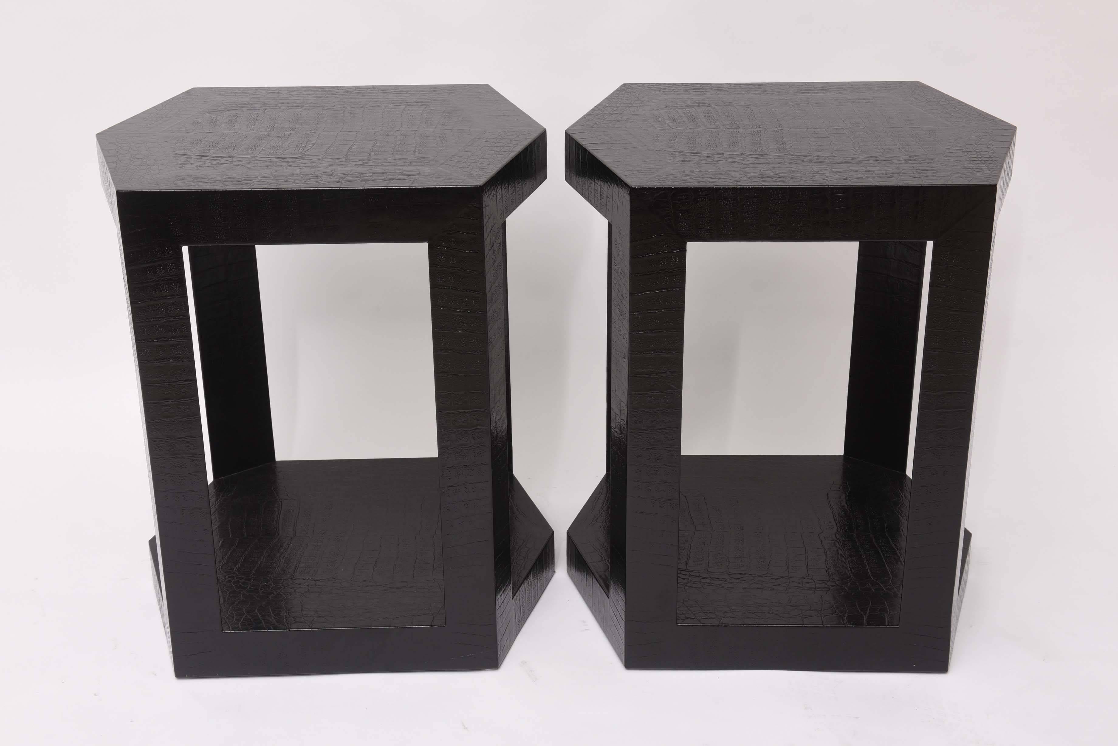 Sexy black Karl Springer side tables in rich alligator-embossed leather, 1986. Exceptionally fine condition. Signed. Perfect when paired as a coffee table!