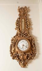 19th Century French Carved Wood Baroque Style Matching Clock and Barometer