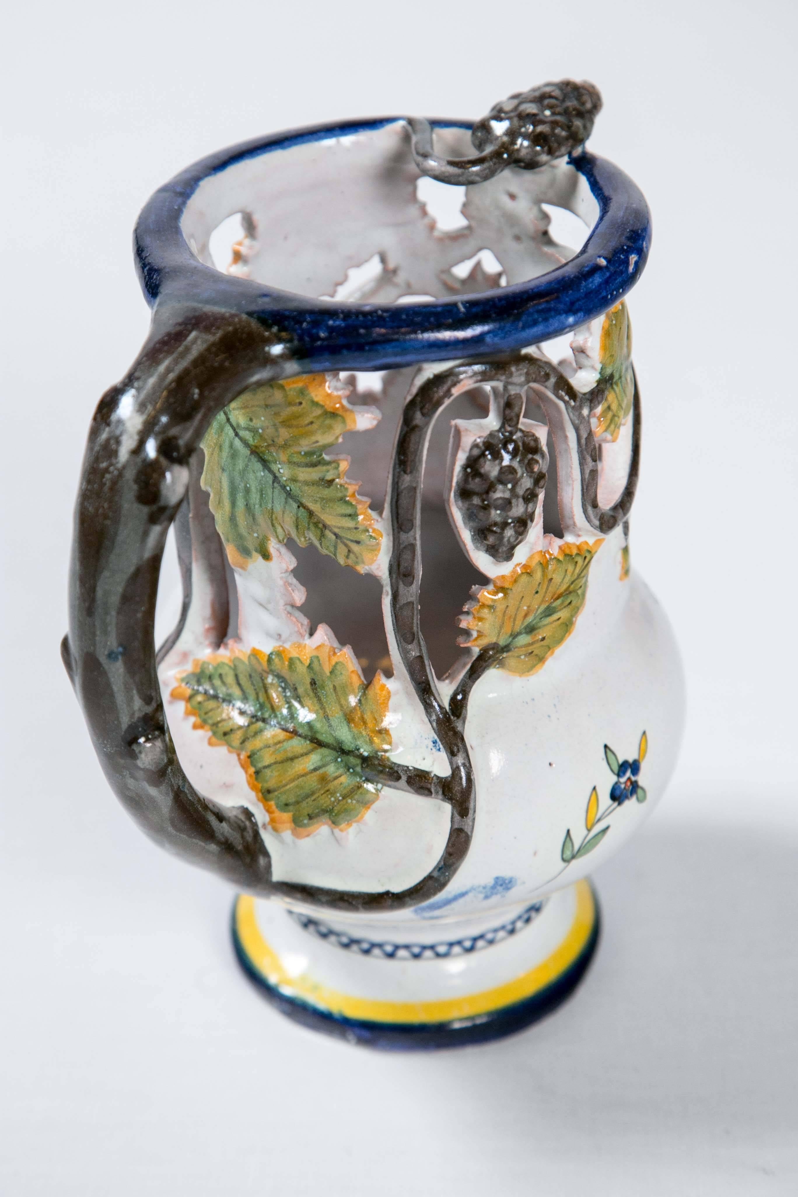 Ceramic French Faience Puzzle Jug, Late 19th Century For Sale