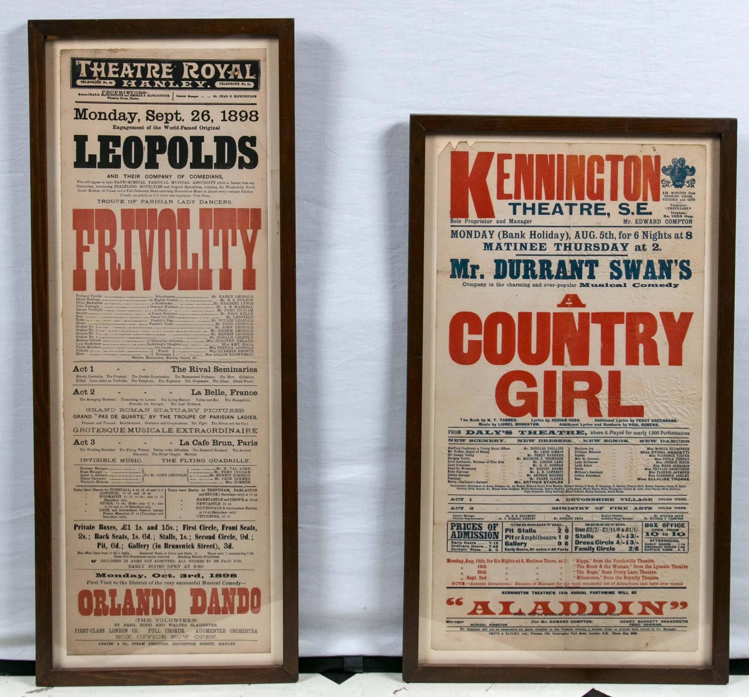 Deux affiches publicitaires originales de théâtre anglais. Annonce de la représentation de 
