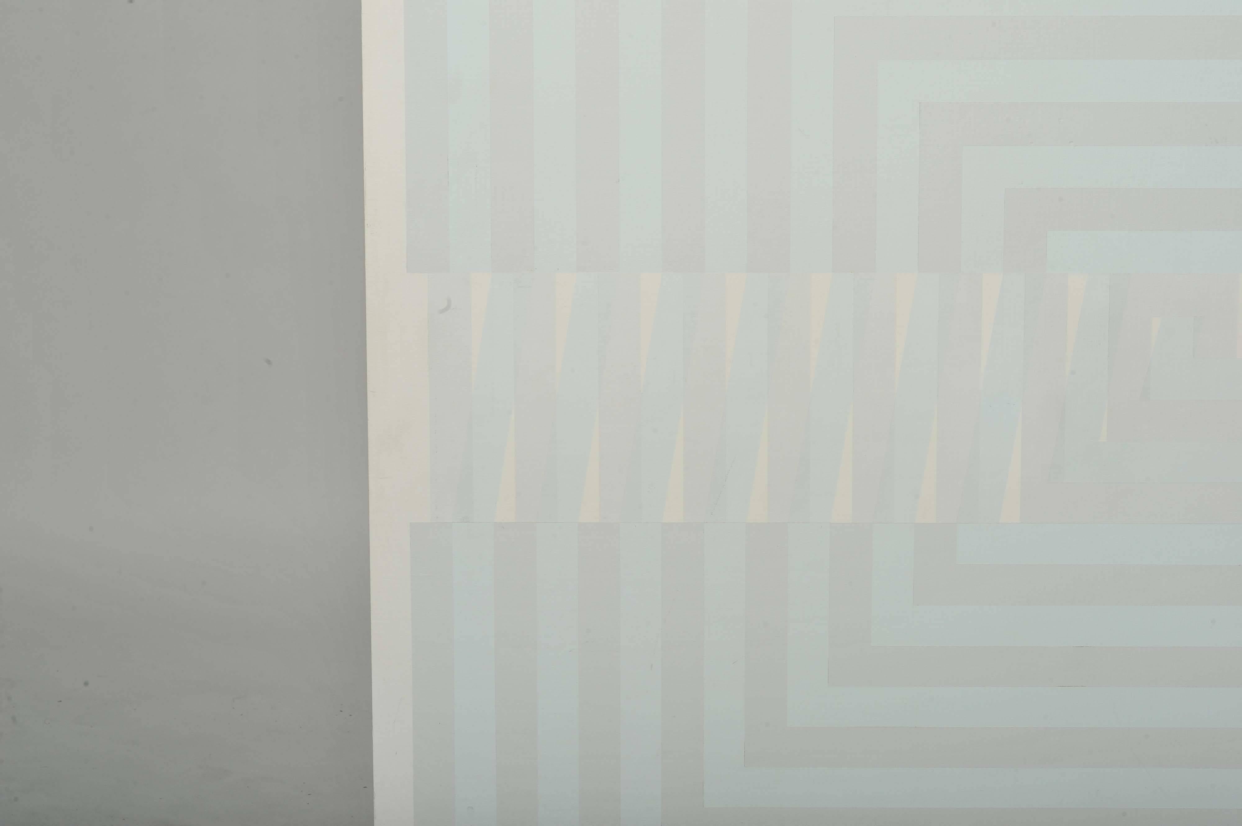 Subtle geometric labyrinth of lines and movement in pastel tones is by Majo Joostens and was in the Dutch National Art Collection. 
Acrylic paint on canvas mounted on board.