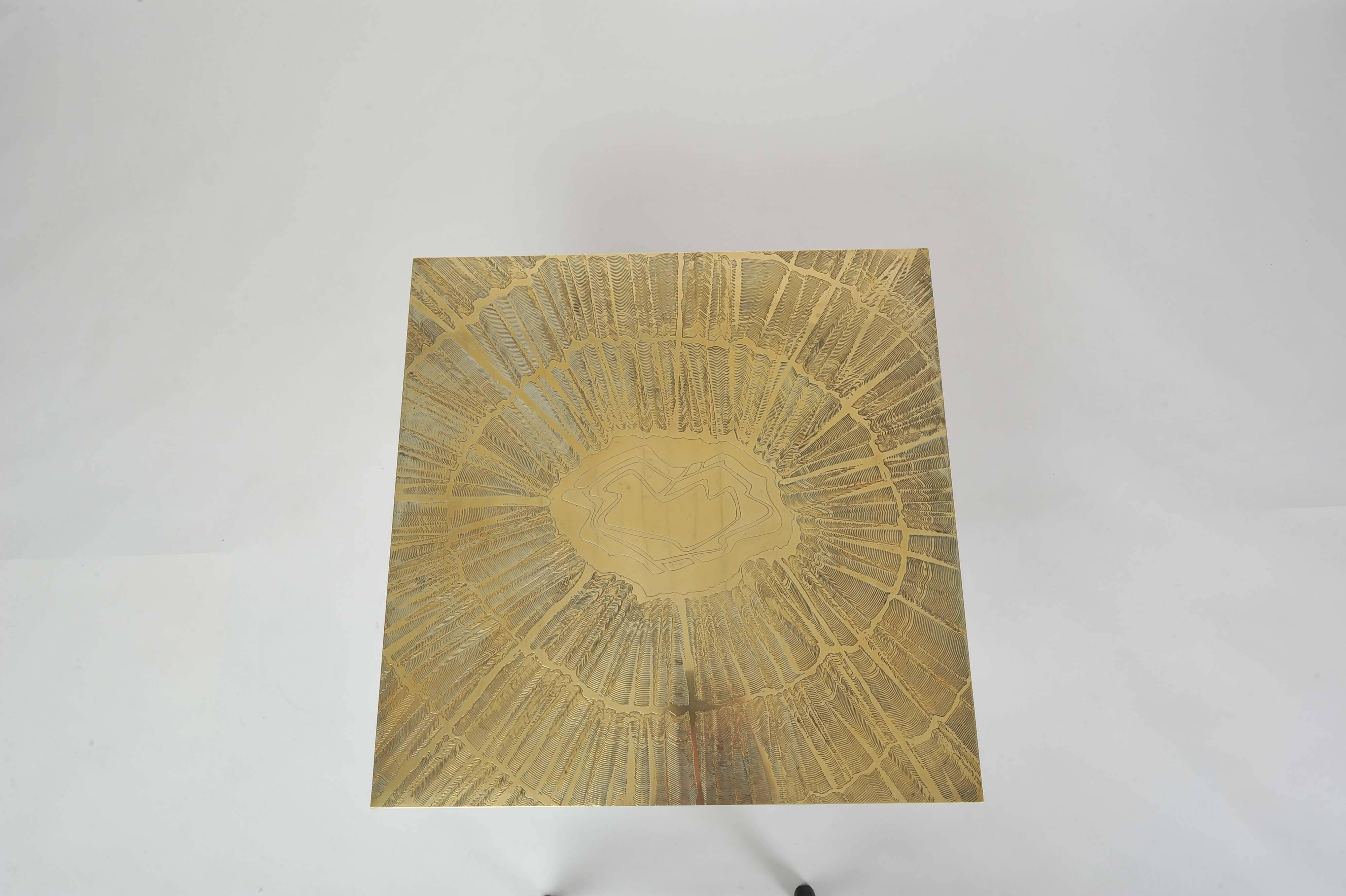 1970's Etched Brass Brutalist Square Coffee Table with Abstract Sun Ray Design In Excellent Condition In London, GB