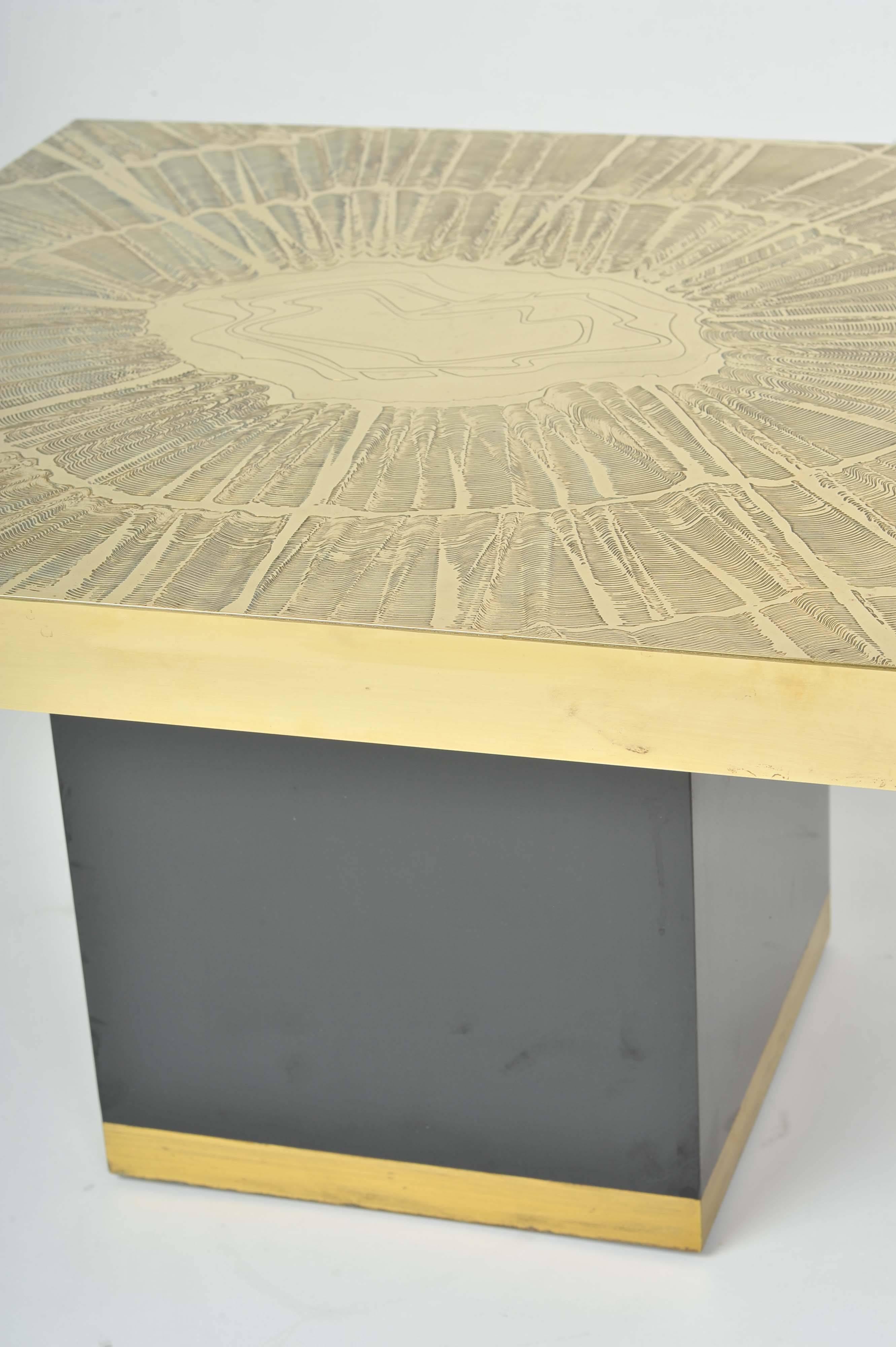 Hand-Crafted 1970's Etched Brass Brutalist Square Coffee Table with Abstract Sun Ray Design