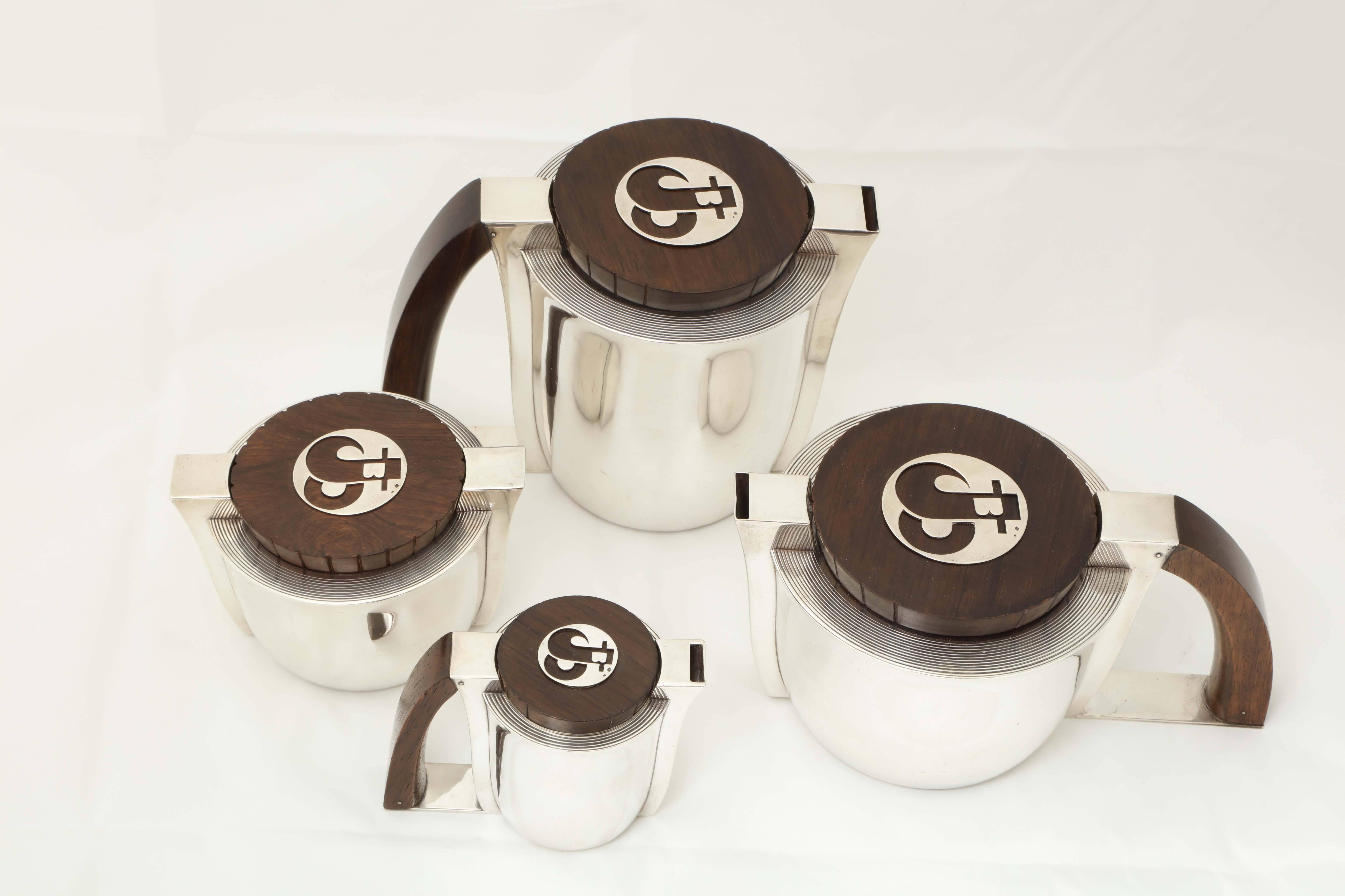 Carved Jean E Puiforcat Sterling and Wood French Art Deco Teaset, 1935 For Sale